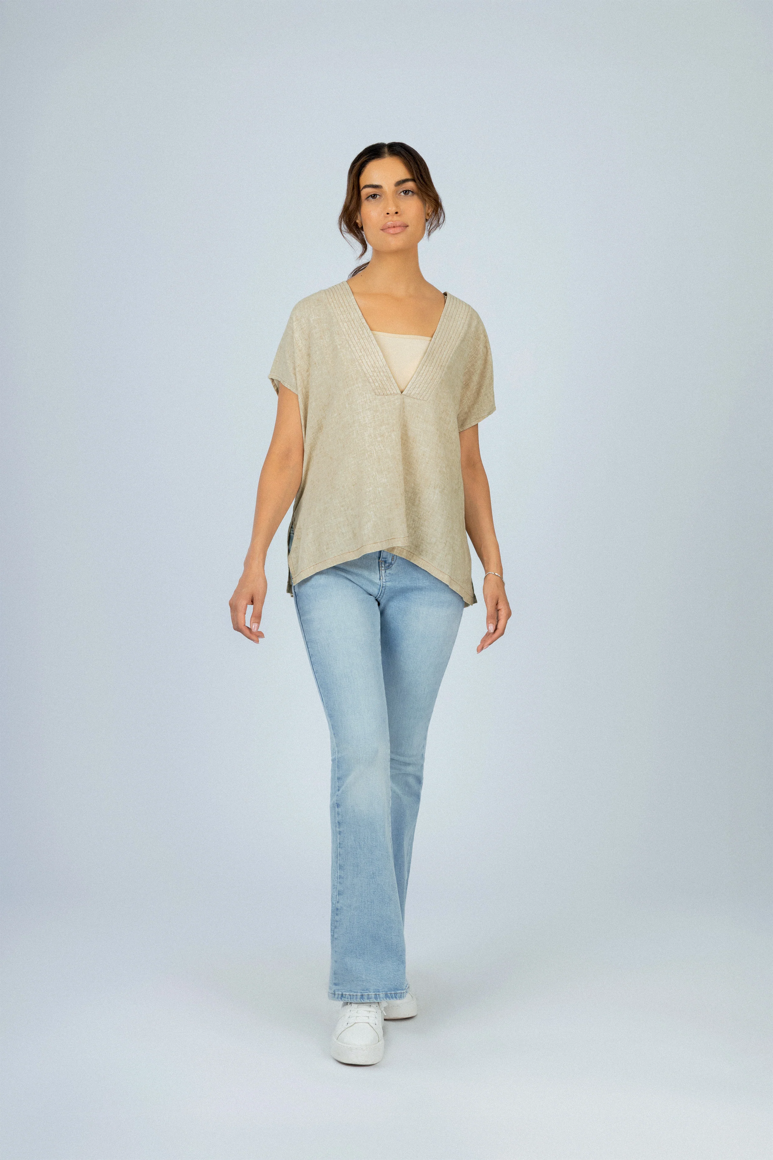 Beige Linen Blend Short-Sleeve Blouse - Image 2