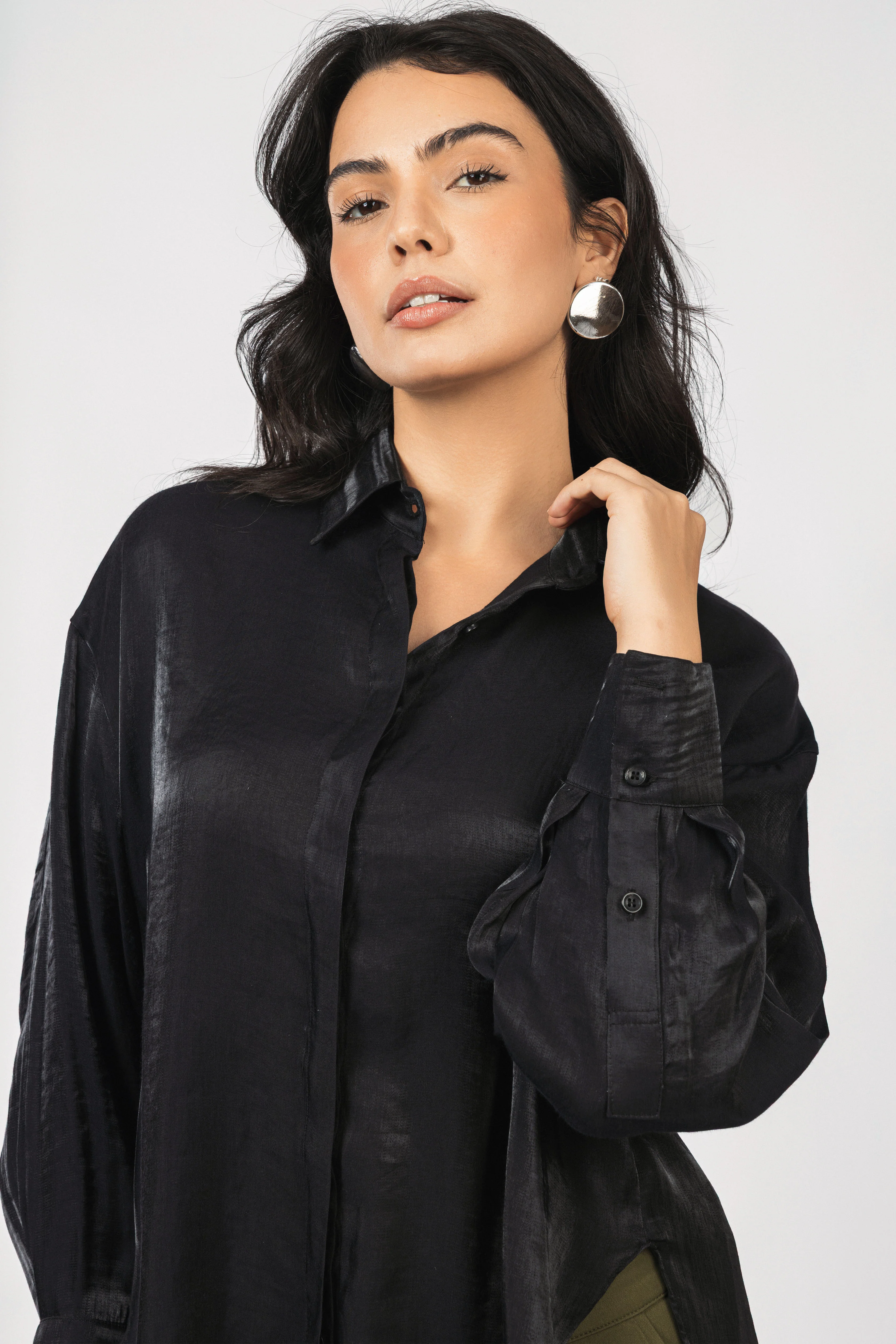 Black Sheen Chiffon Classic Shirt - Image 2