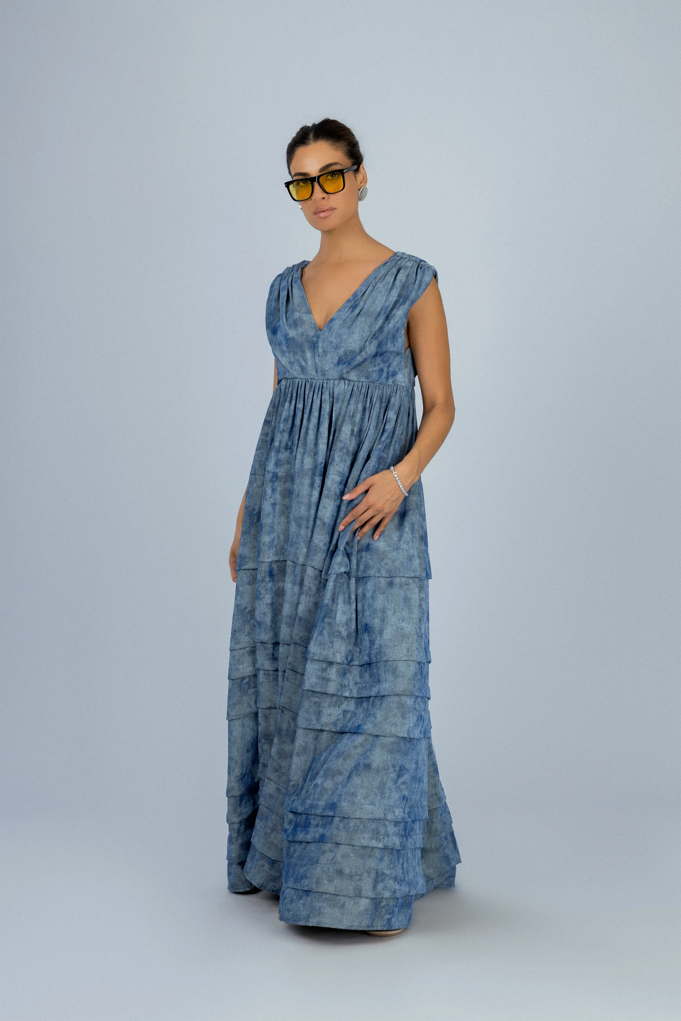 Bluish Gray Printed Tiered Maxi Sleeveless Dress - Image 2