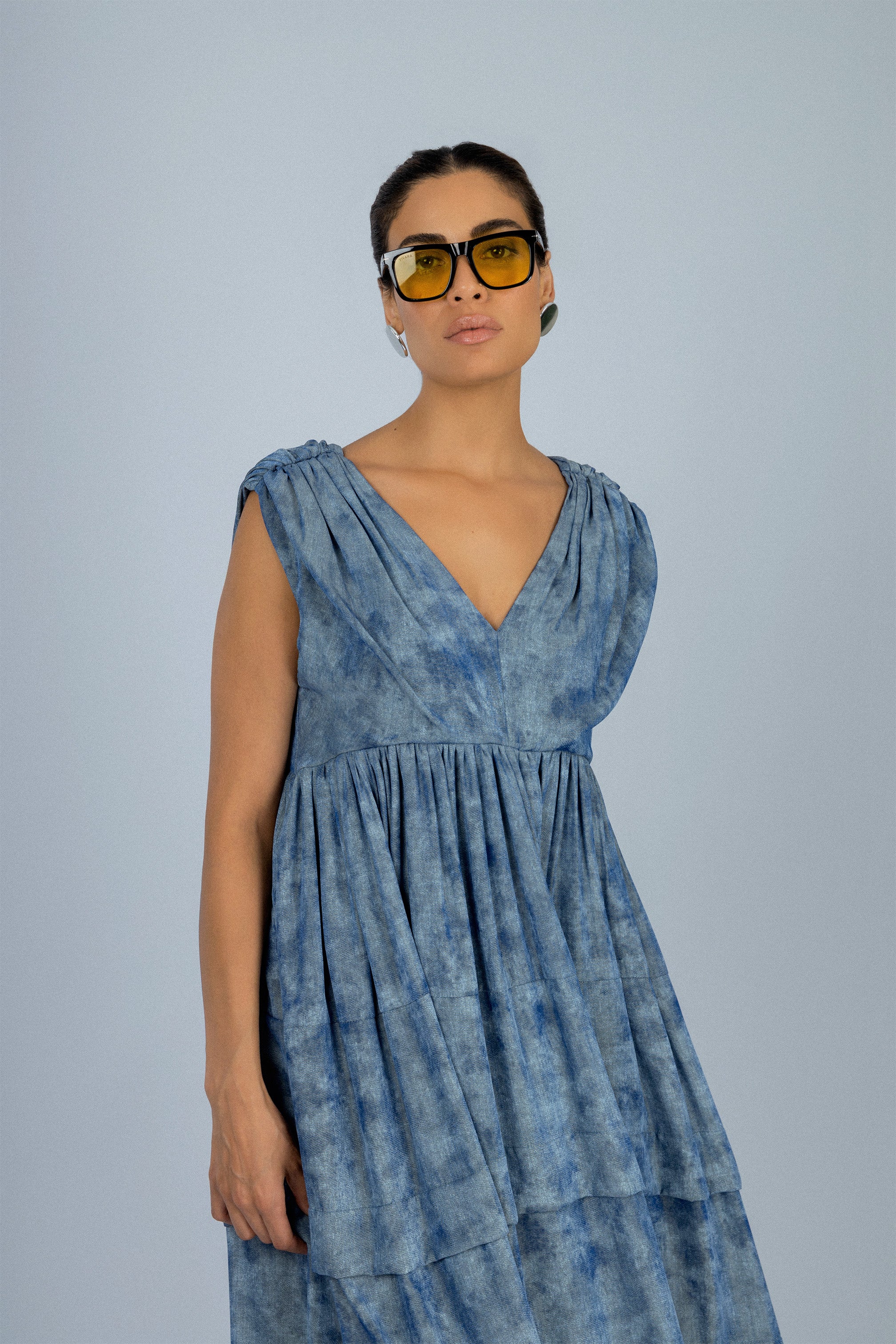 Bluish Gray Printed Tiered Maxi Sleeveless Dress - Image 3