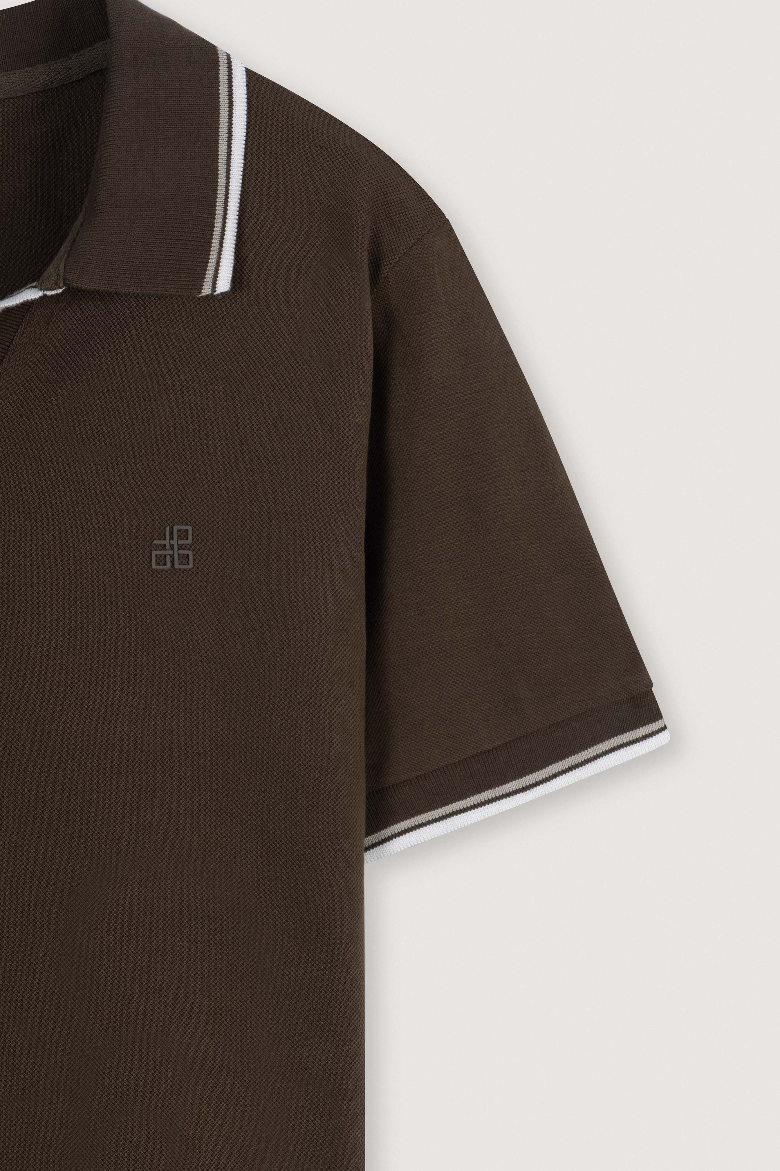Brown Pique V neck Polo - Image 3