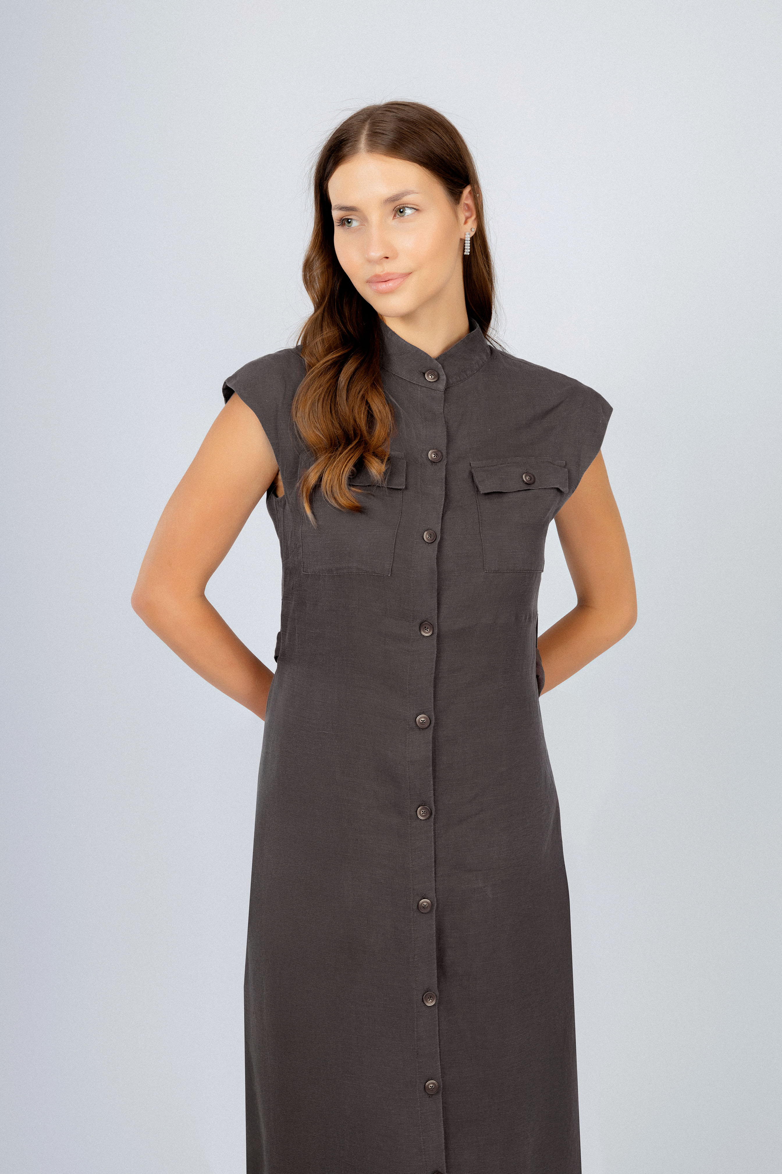Dark Brown Midi Sleeveless Linen Classic Dress