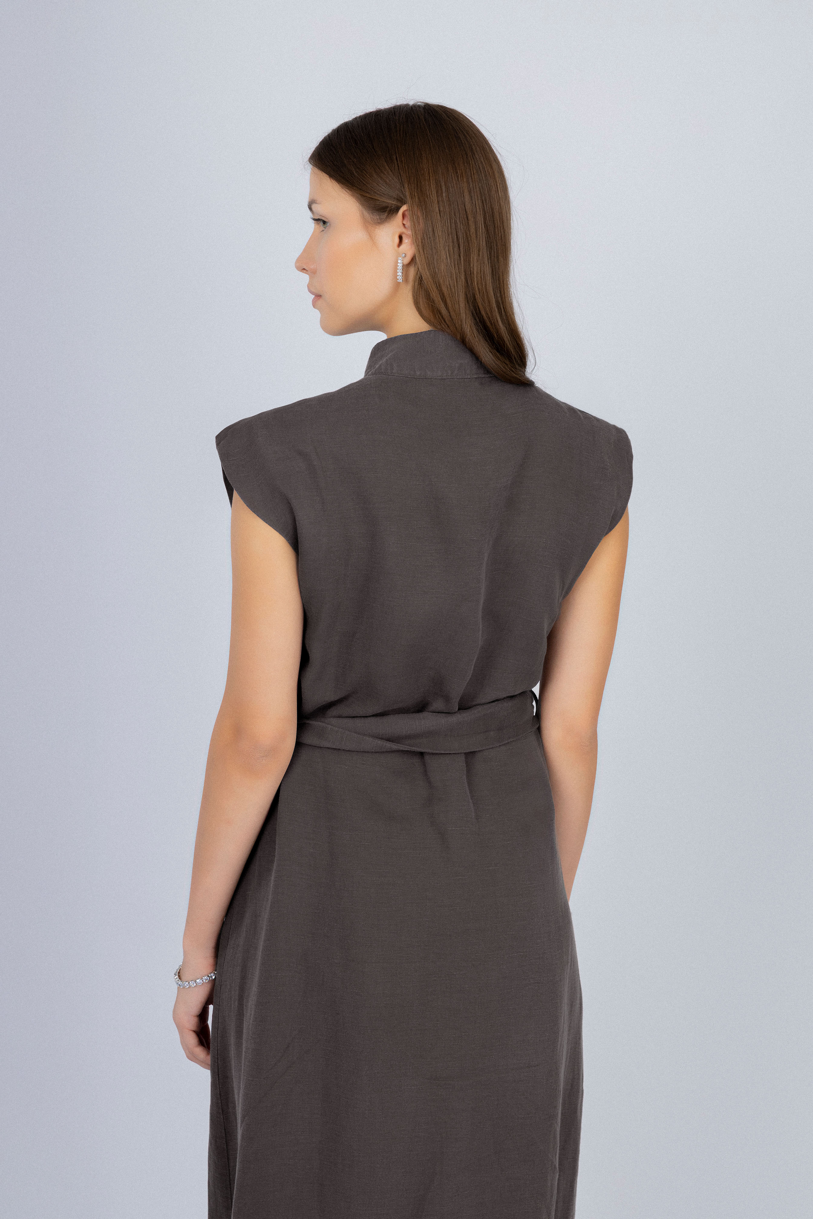 Dark Brown Midi Sleeveless Linen Classic Dress - Image 5