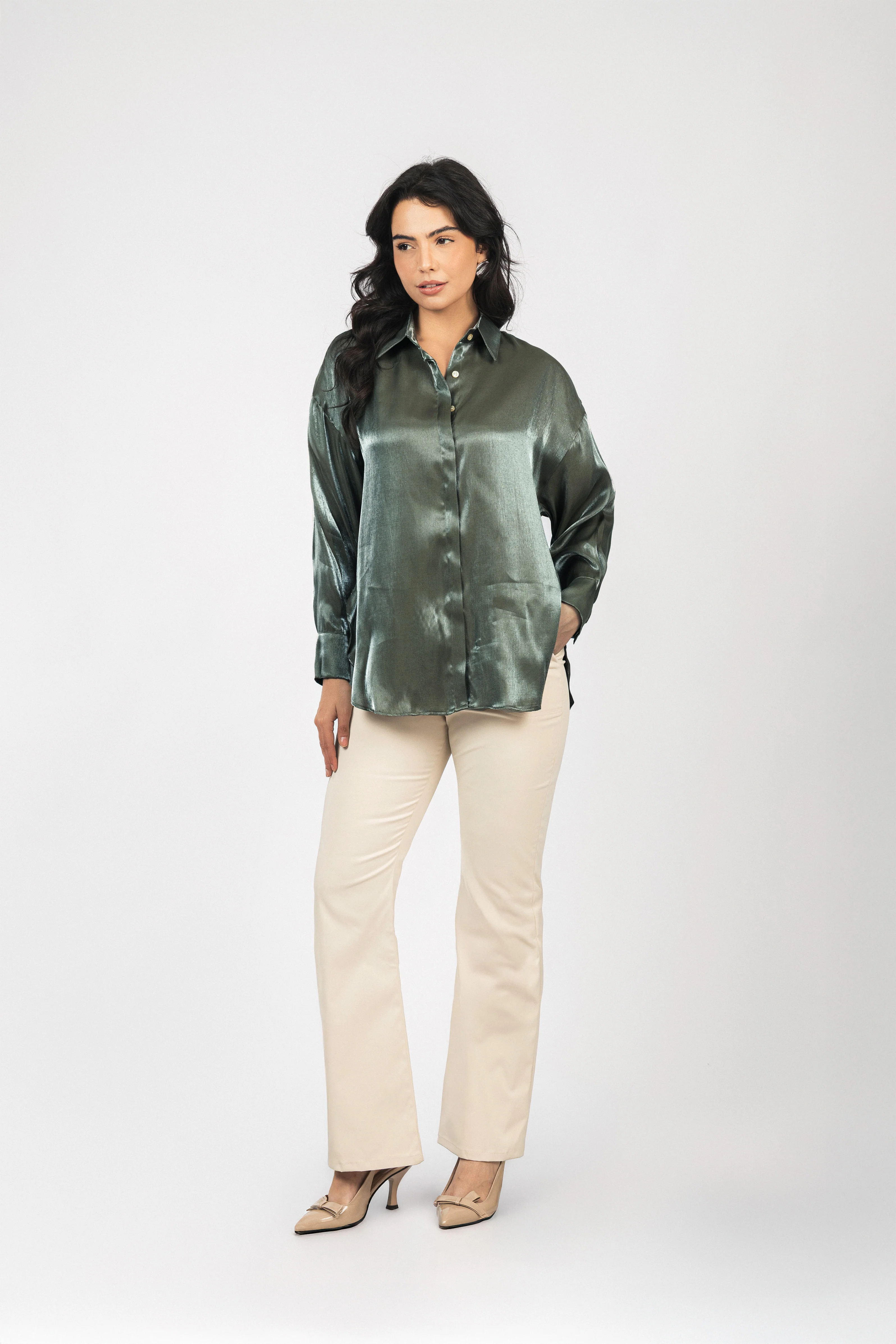 Dark Green Sheen Chiffon Classic Shirt