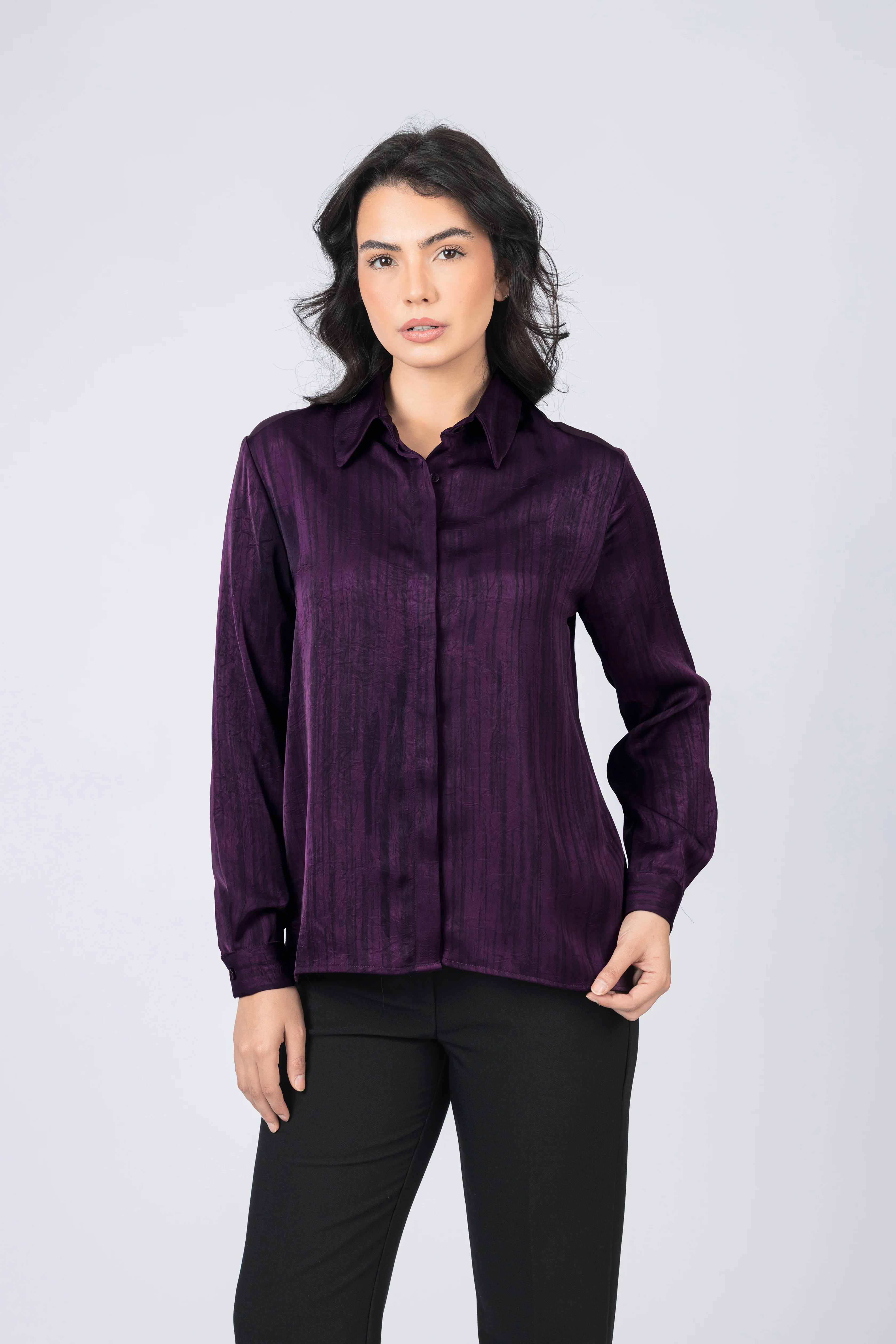 Dark Purple Printed Sheen Chiffon Classic Shirt