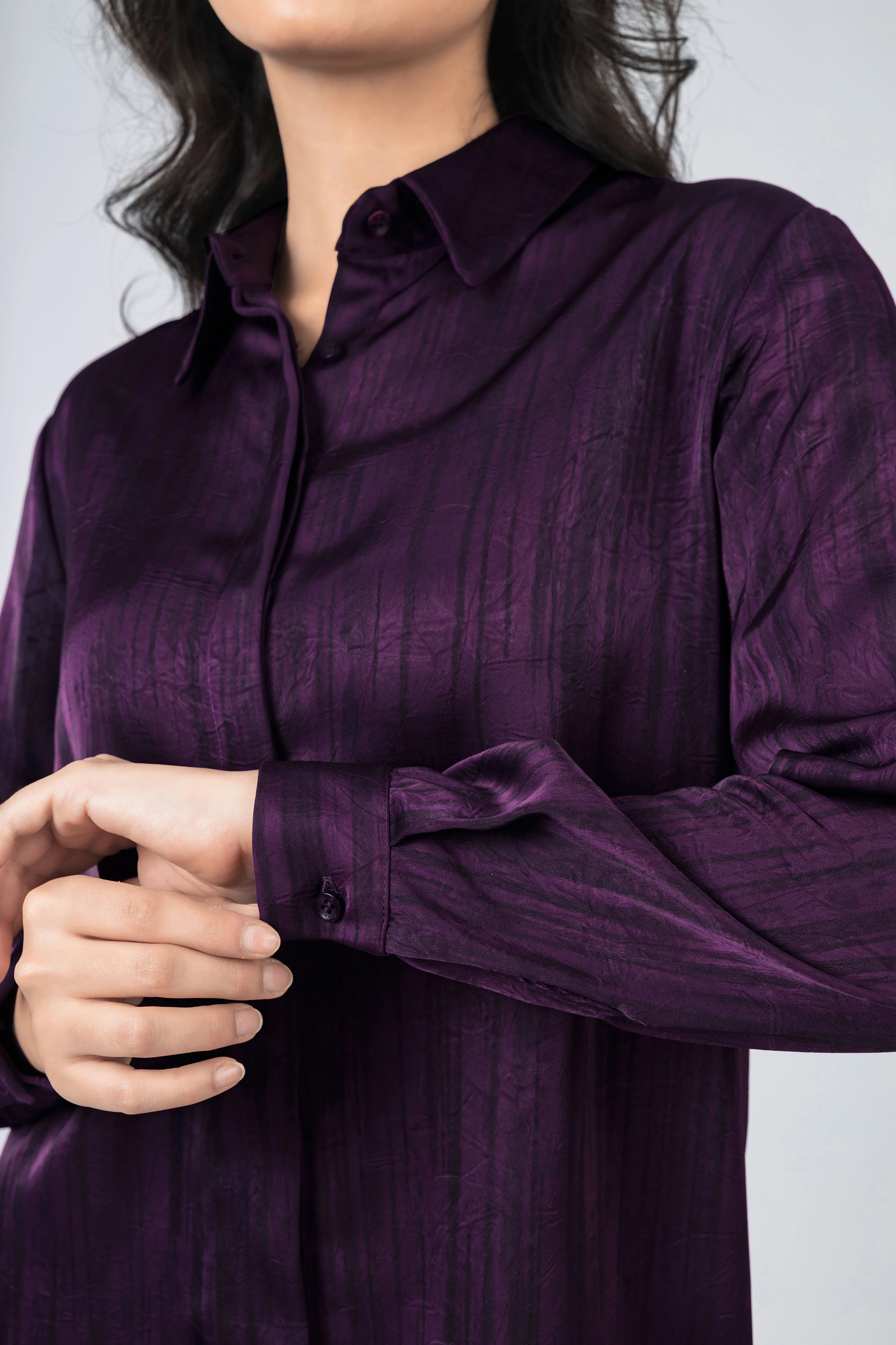 Dark Purple Printed Sheen Chiffon Classic Shirt - Image 2