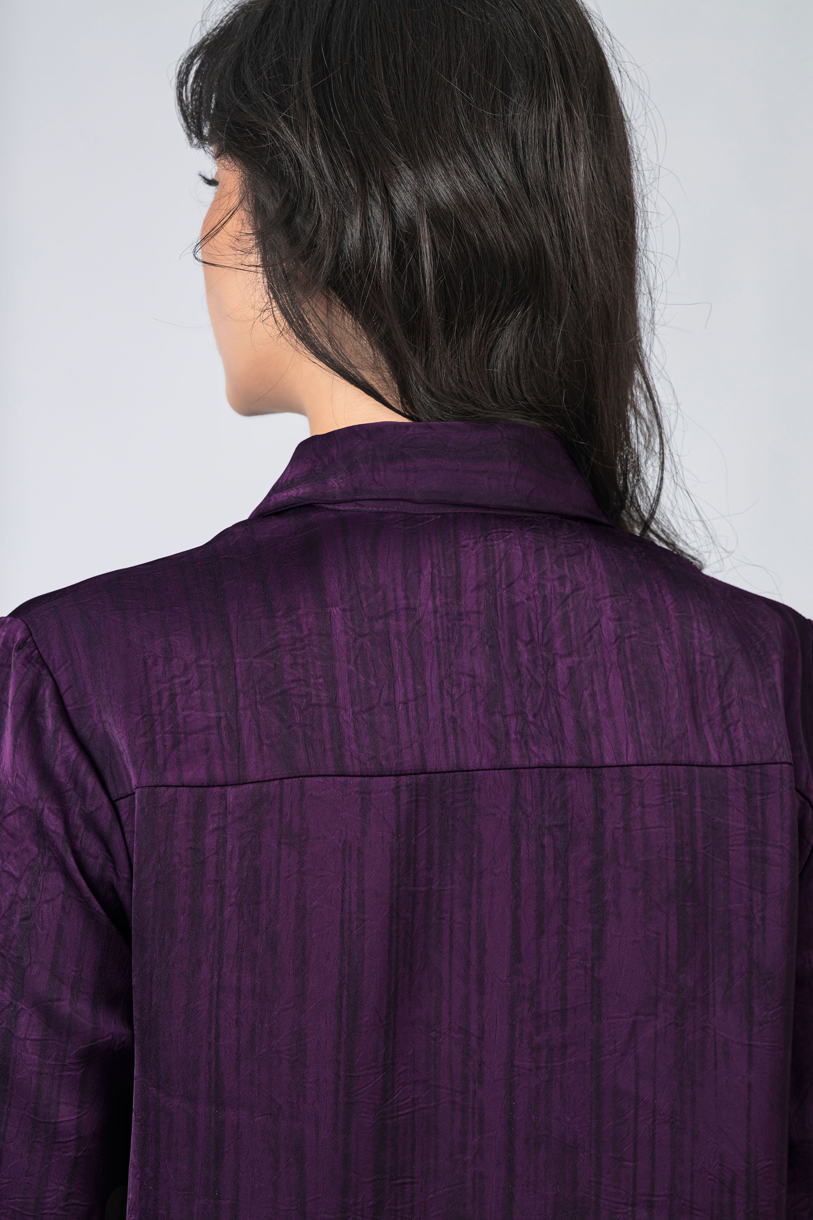Dark Purple Printed Sheen Chiffon Classic Shirt - Image 3