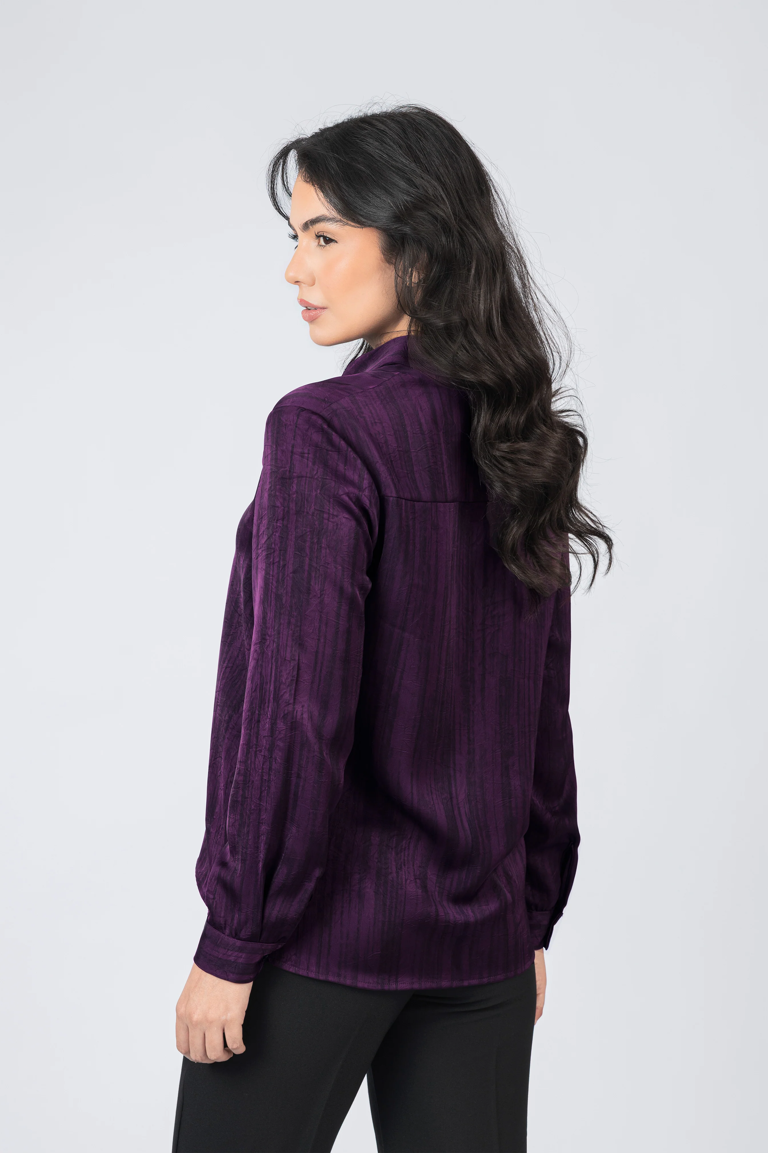 Dark Purple Printed Sheen Chiffon Classic Shirt - Image 4