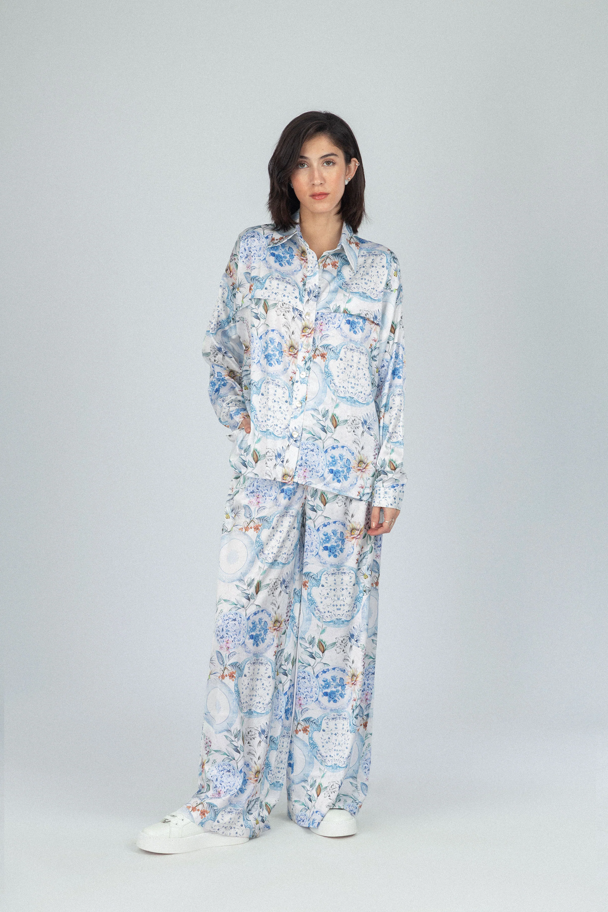 Flowered Printed Blue Satin Set - Image 2