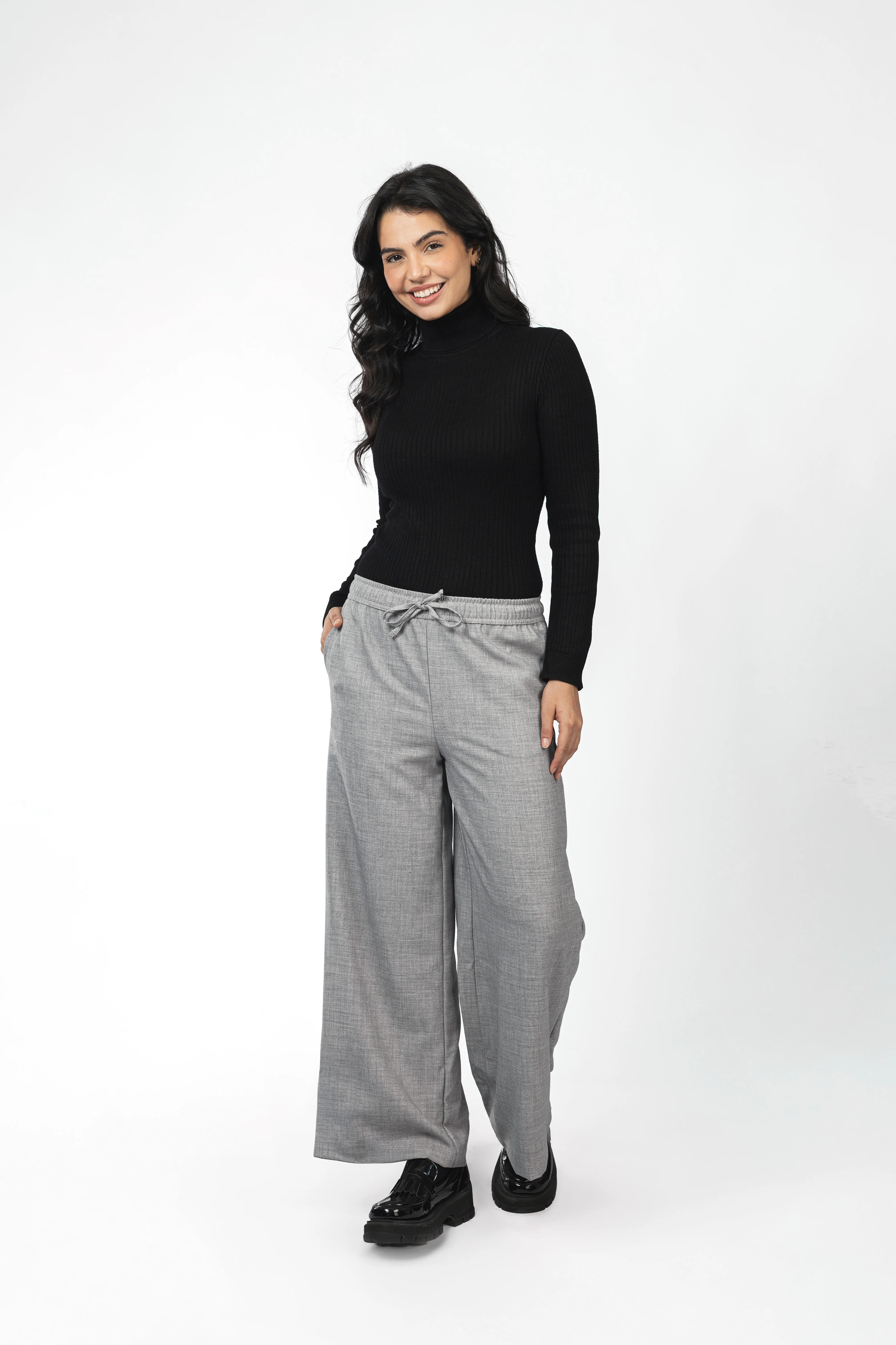 Gray Heathered Laced-Up Wide-Leg Pants - Image 2