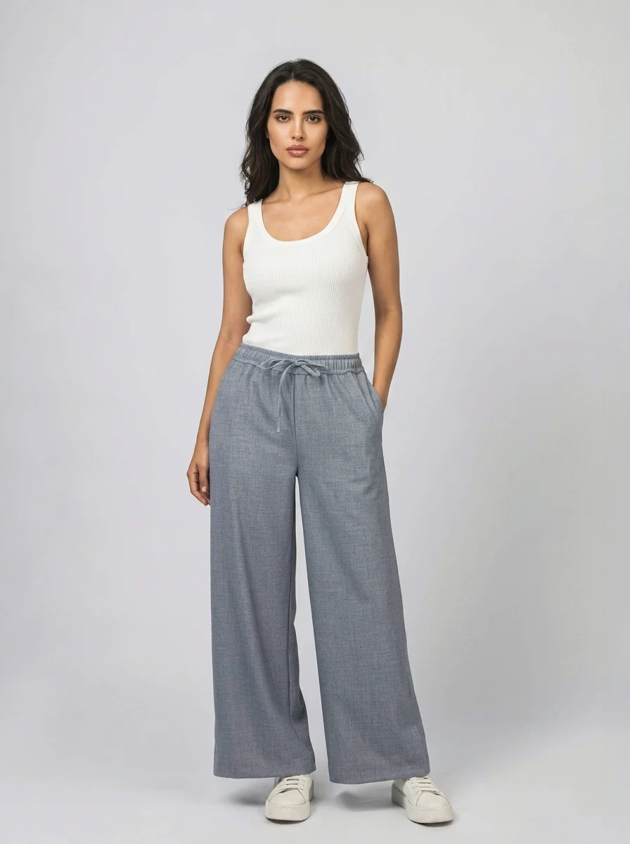 Light Gray Heathered Laced-Up Wide-Leg Pants