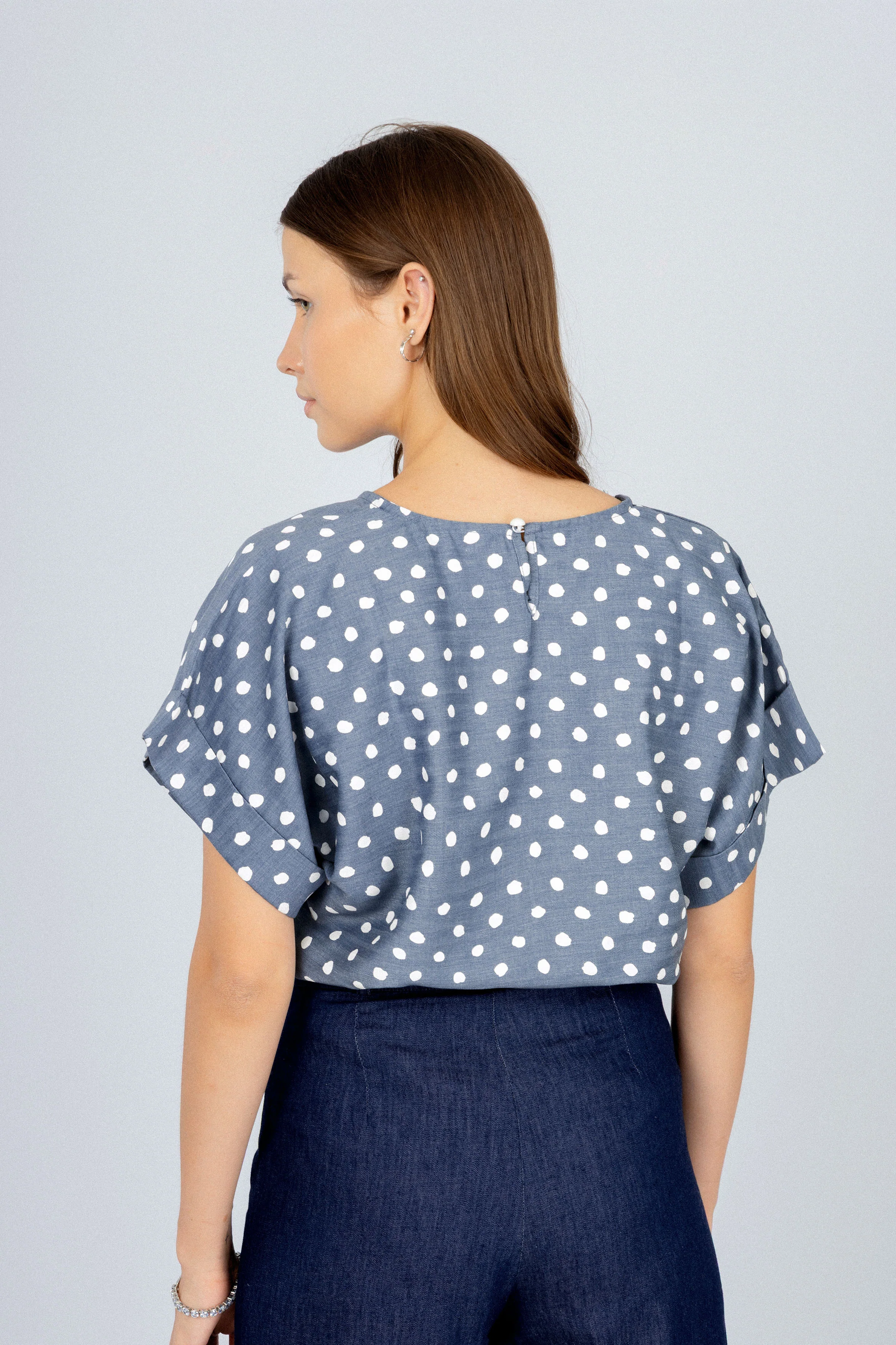 Gray Round Neck Dotted Blouse - Image 3