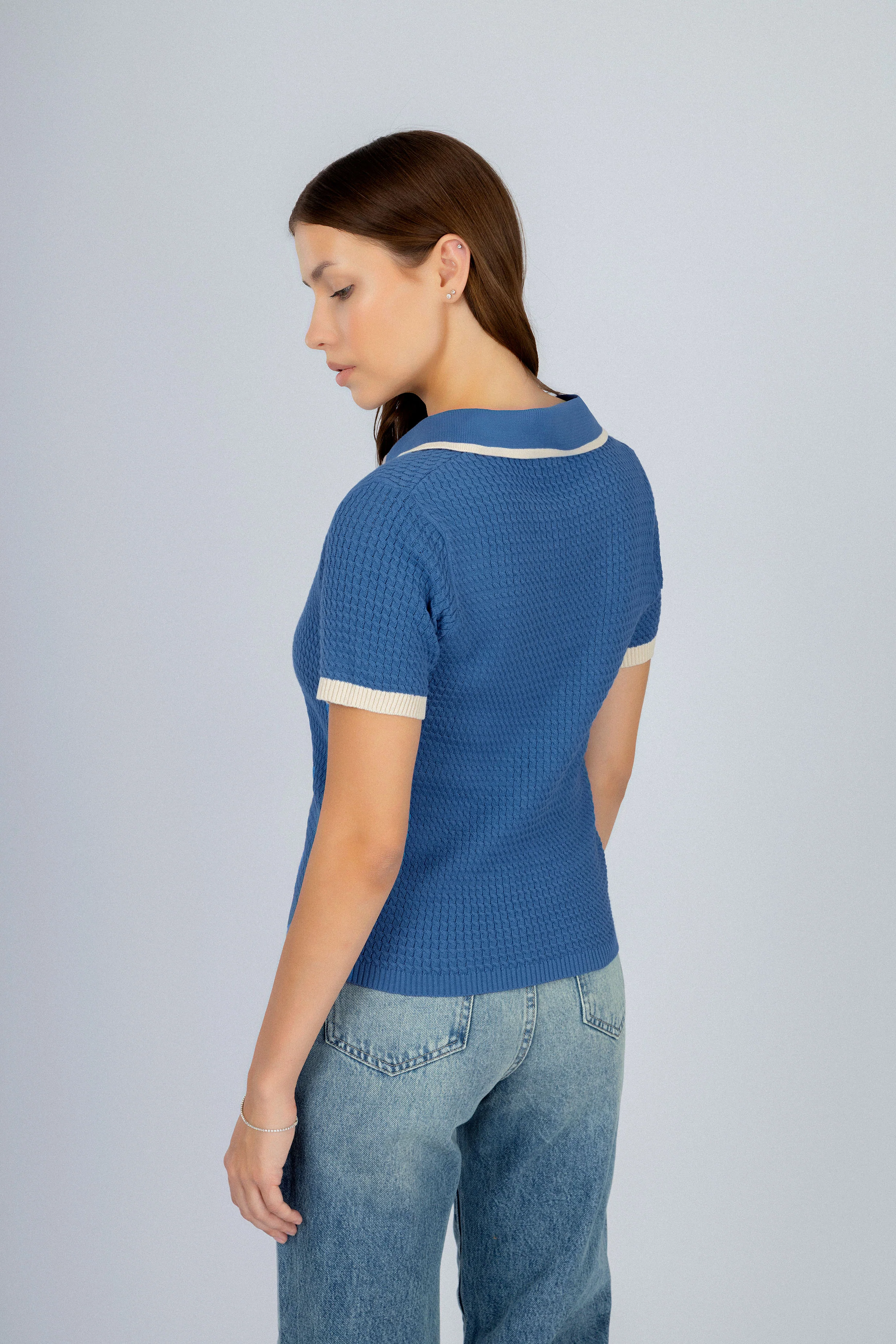 Jacquard half placket Blue Womens Polo T-shirt - Image 4