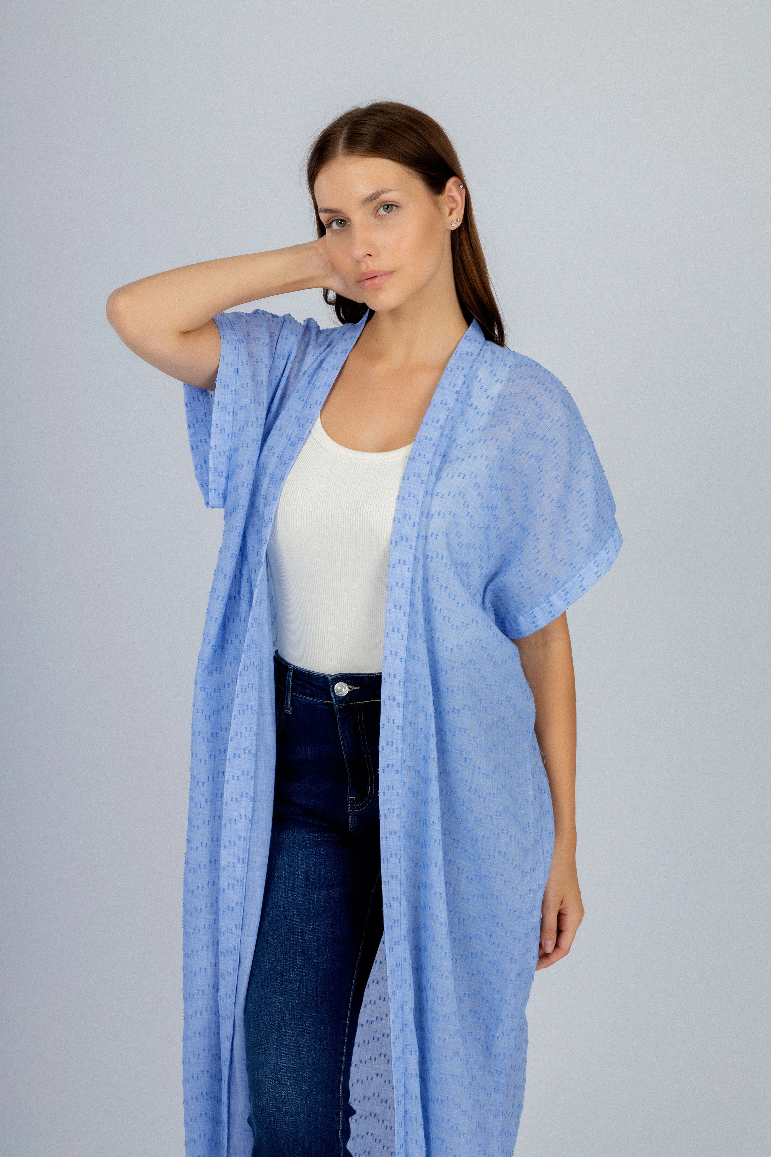 Jacquard Light Blue Linen Look Long Cardigan - Image 2