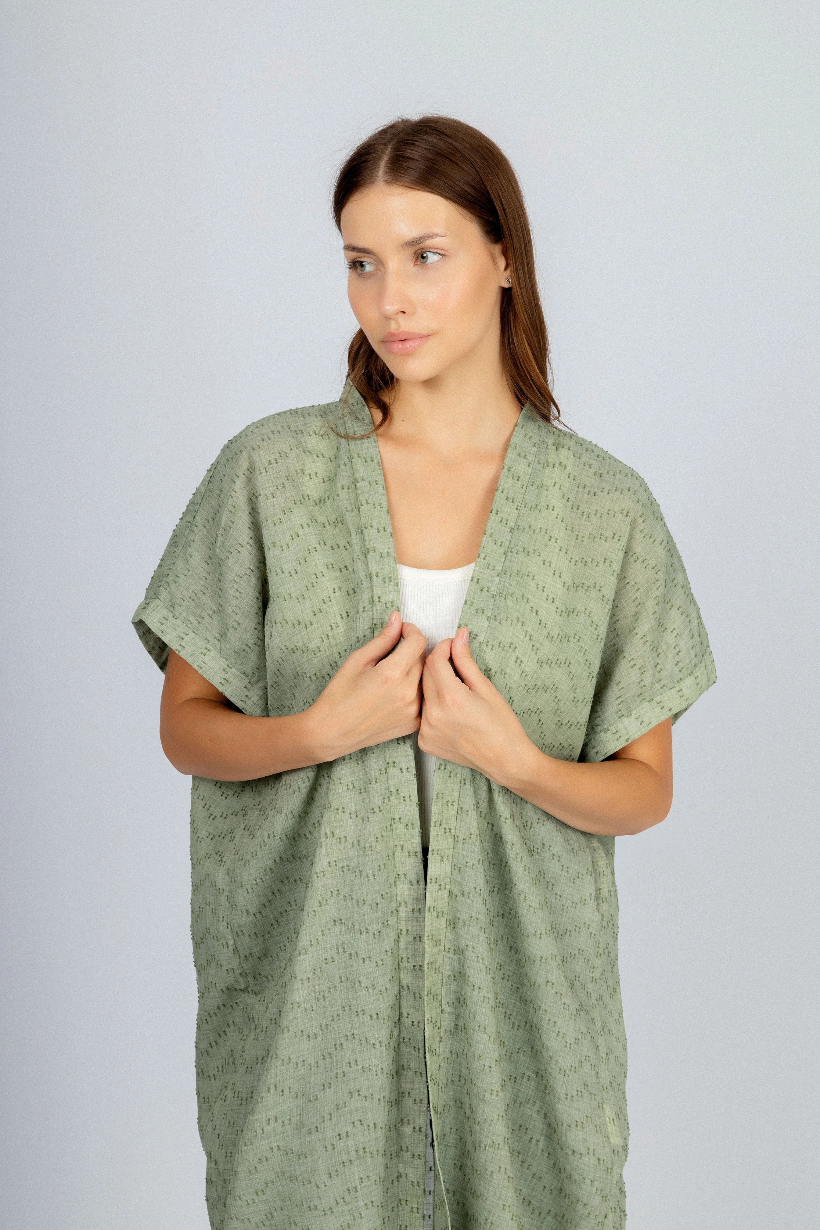 Jacquard Light Green Linen Look Long Cardigan