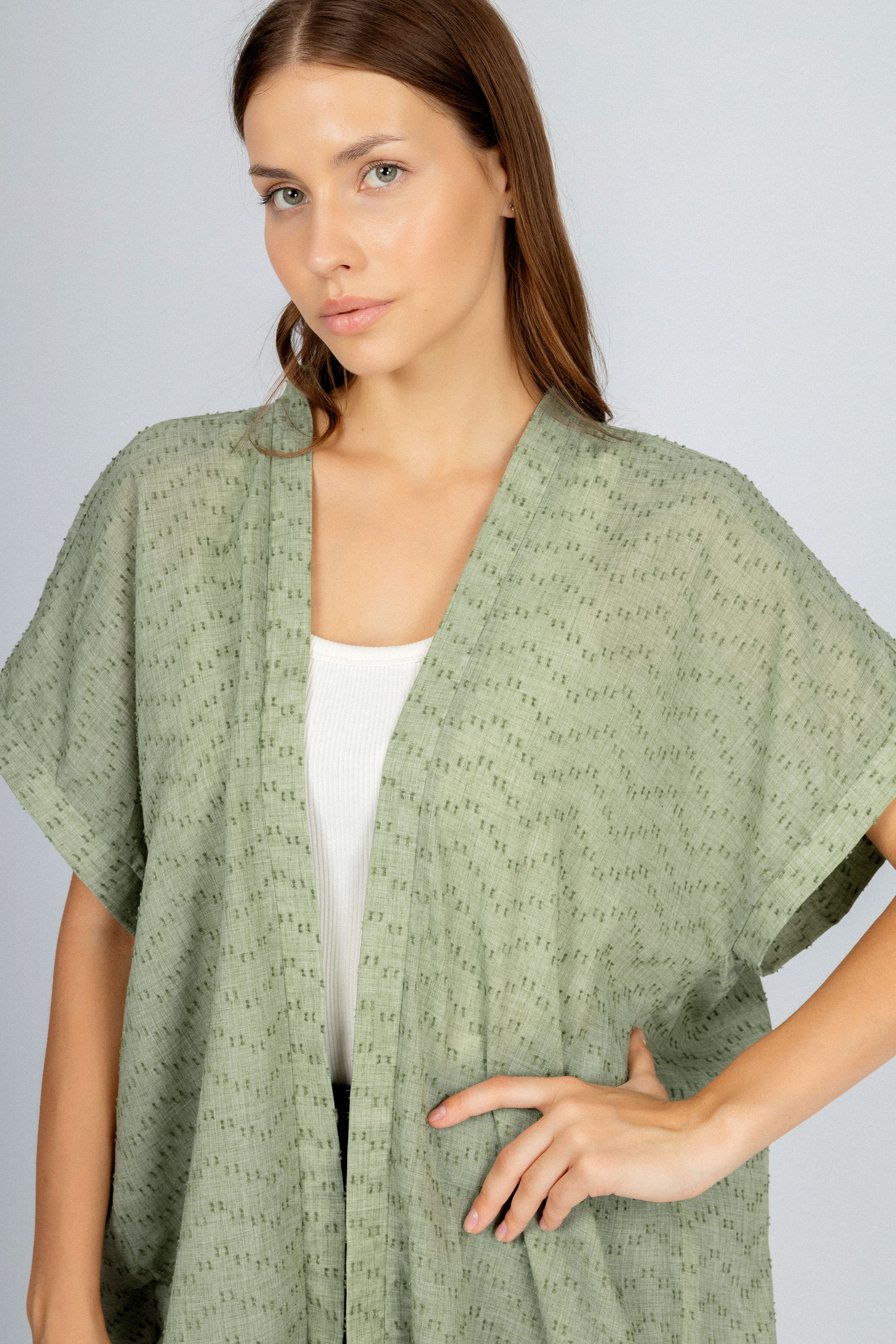 Jacquard Light Green Linen Look Long Cardigan - Image 3