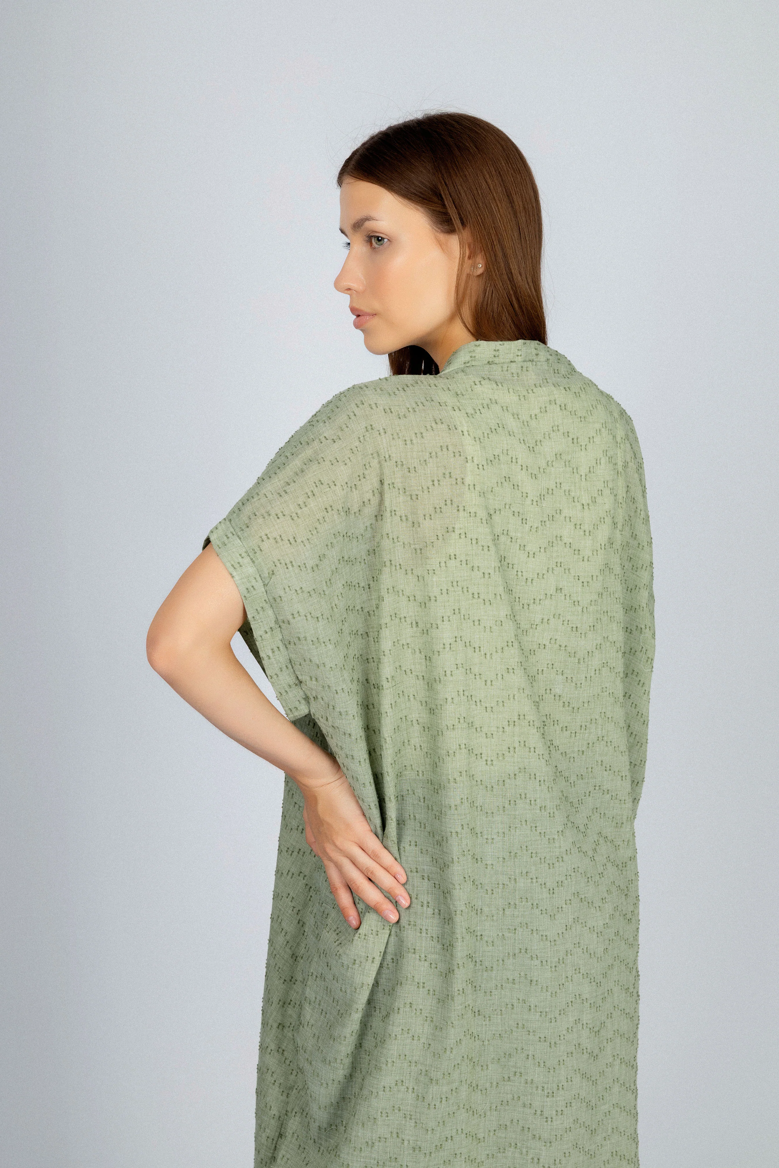 Jacquard Light Green Linen Look Long Cardigan - Image 4