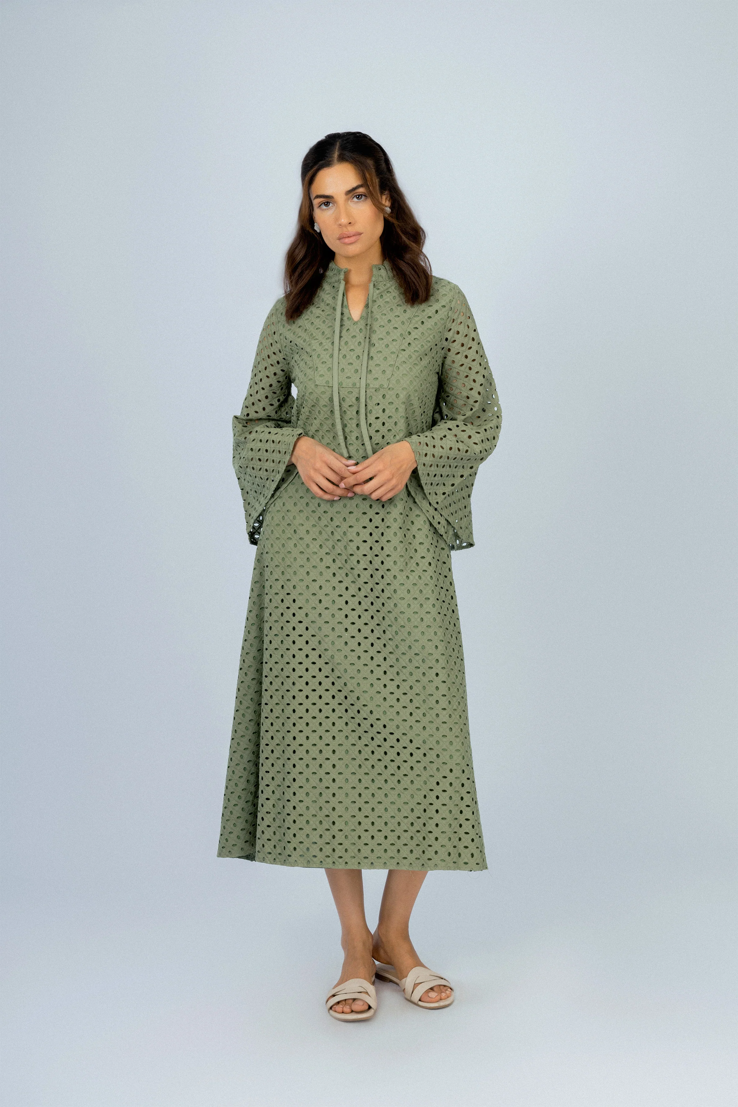 Jacquard Olive Green Midi Casual Dress - Image 2