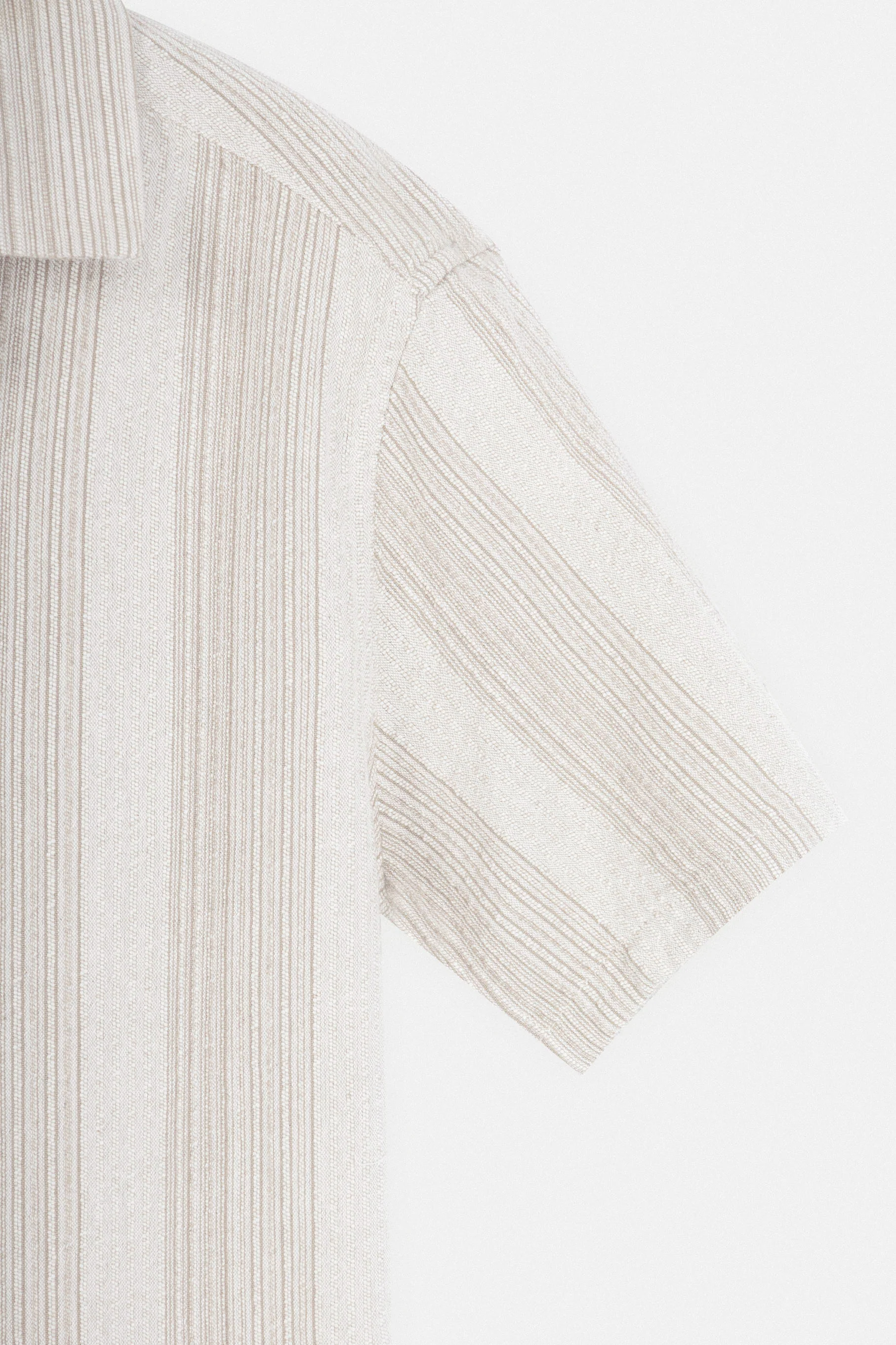 Jacquard Striped Light Beige Linen Look Short Sleeves Shirt - Image 3