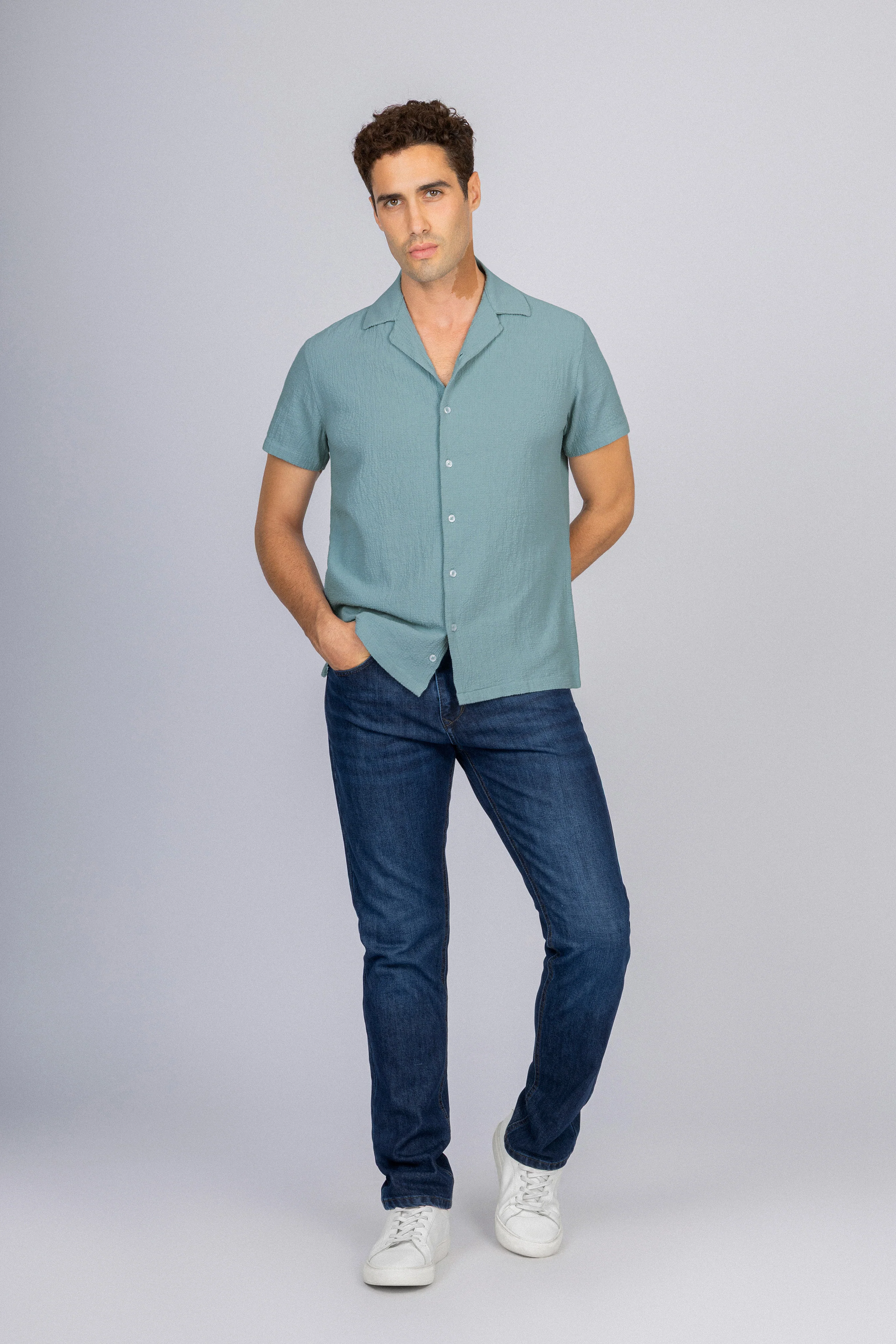 Jacquard Turquoise Short Sleeves Shirt - Image 2