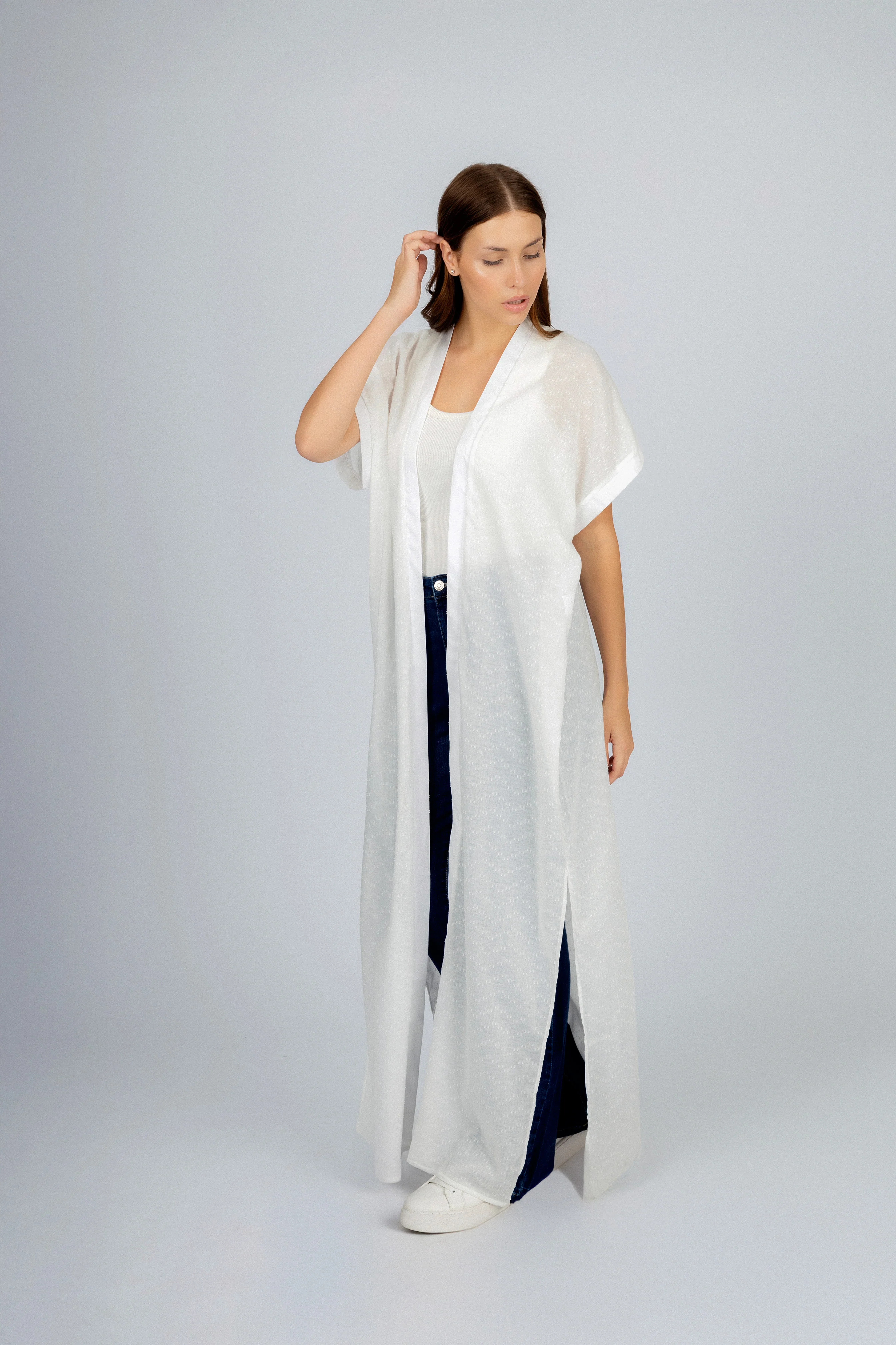 Jacquard White Linen Look Long Cardigan - Image 2