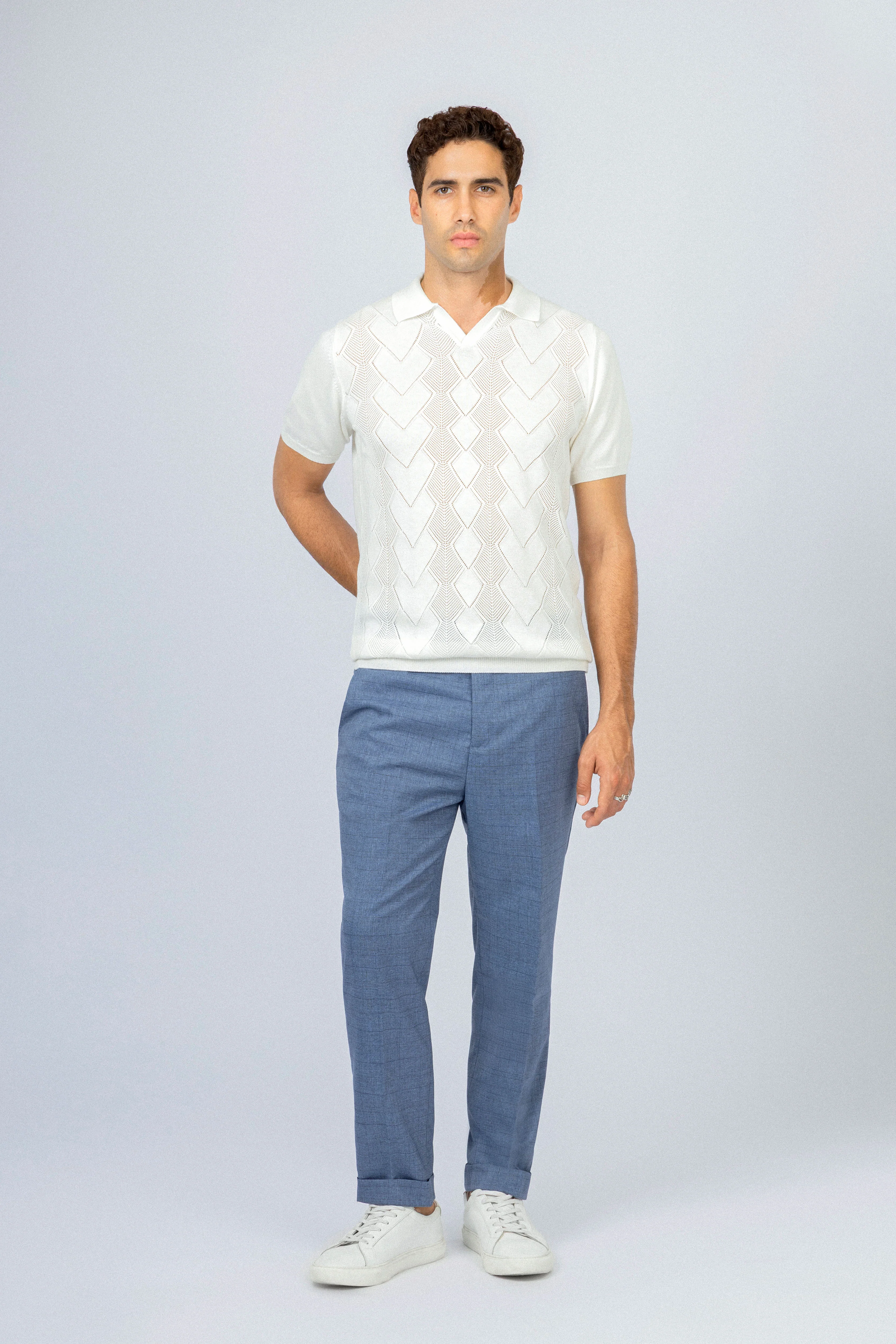 Knitted Off White V Neck Polo - Image 2