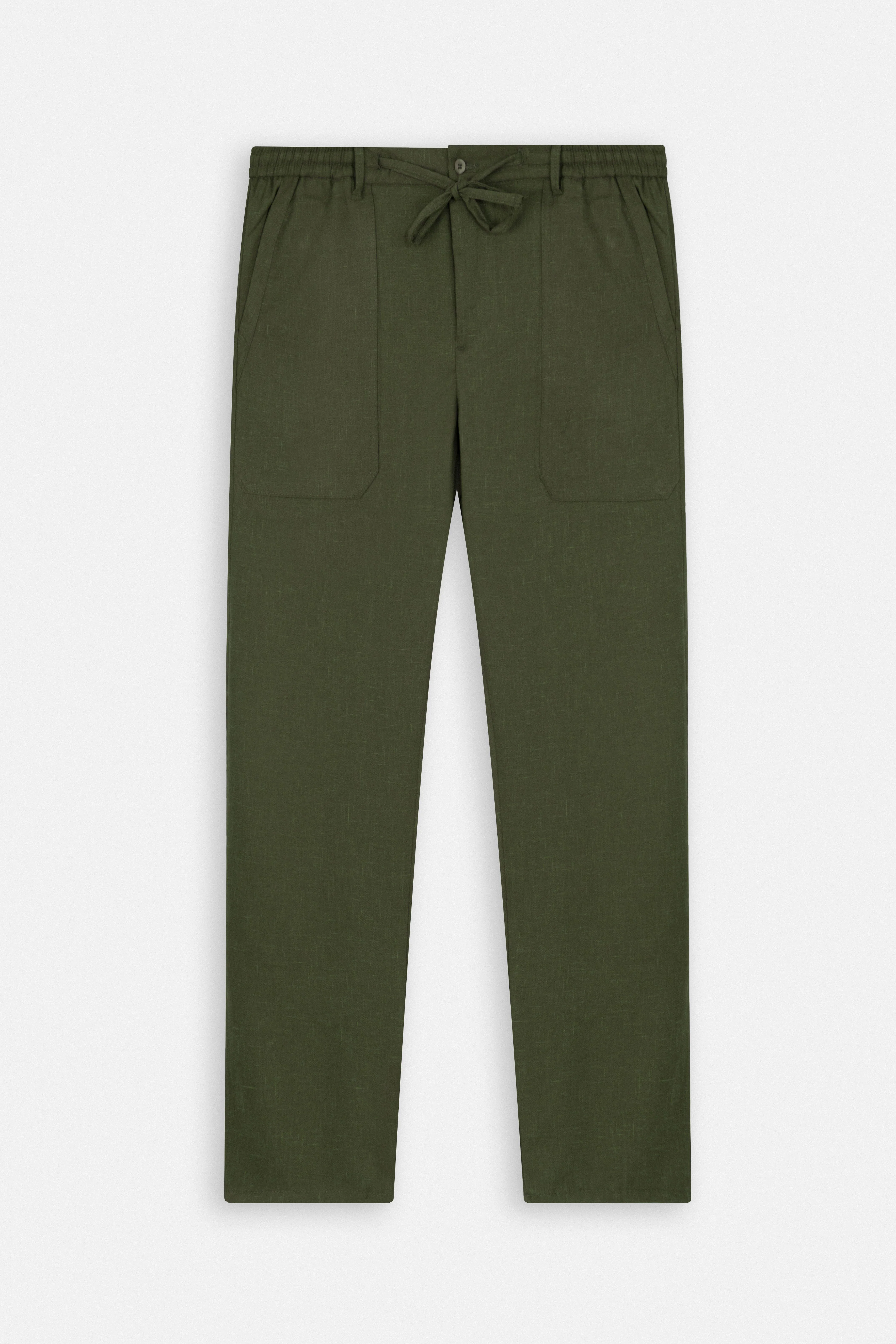 Laced-Up Dark Green Linen Look casual pants-(Big size)