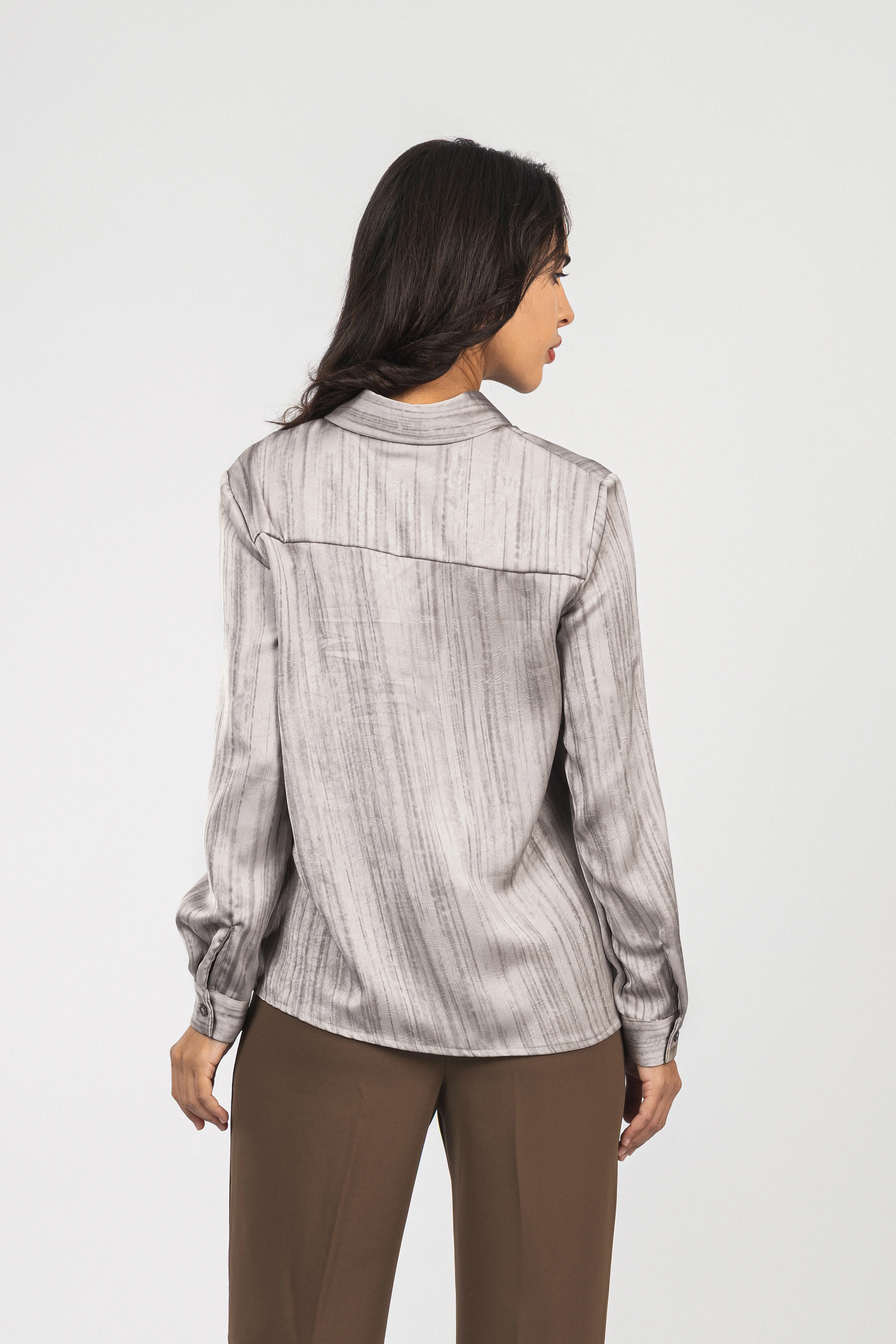 Light Beige Printed Sheen Chiffon Classic Shirt - Image 5