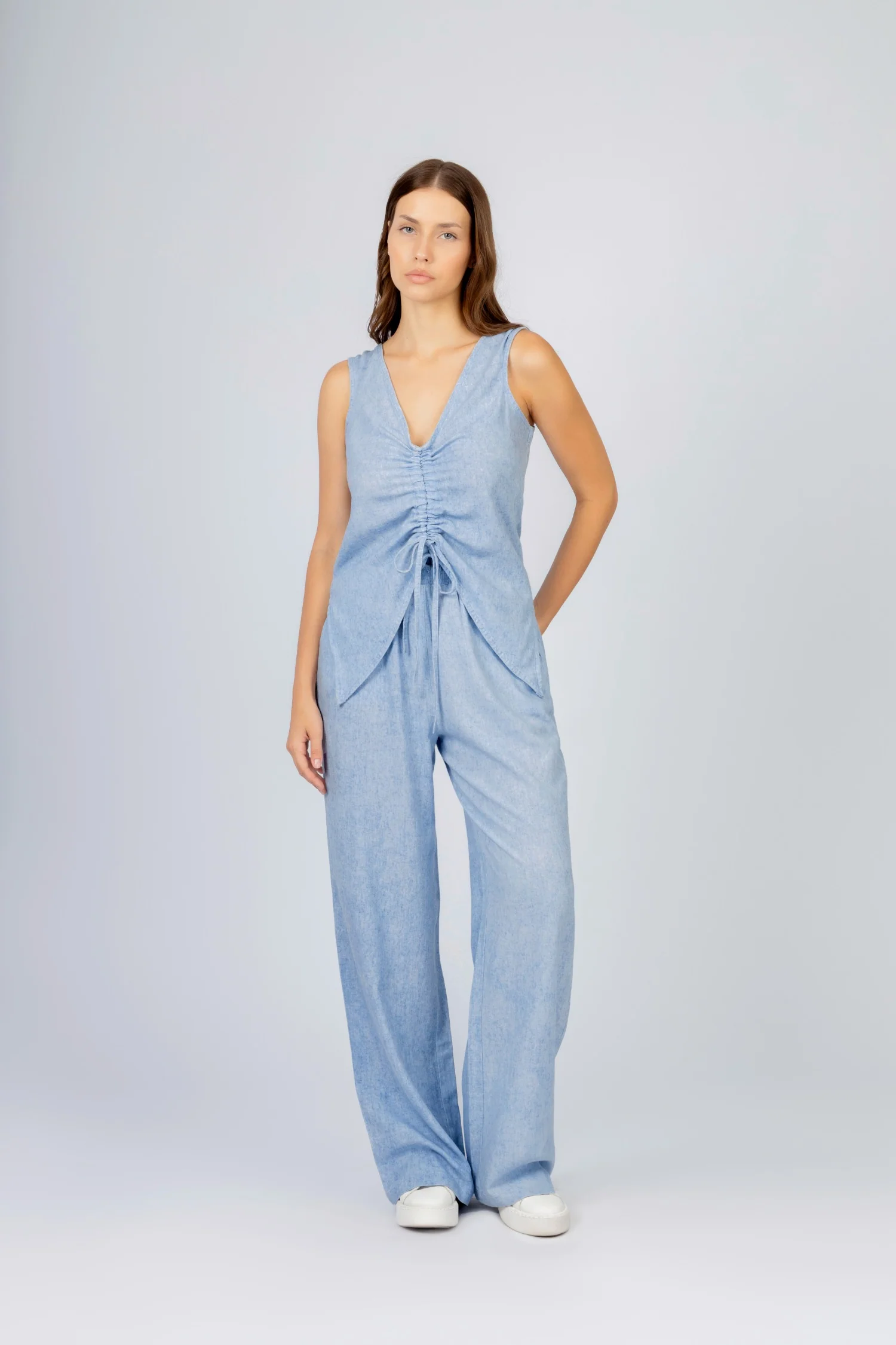 Light Blue Linen Blend sleeveless Set - Image 2