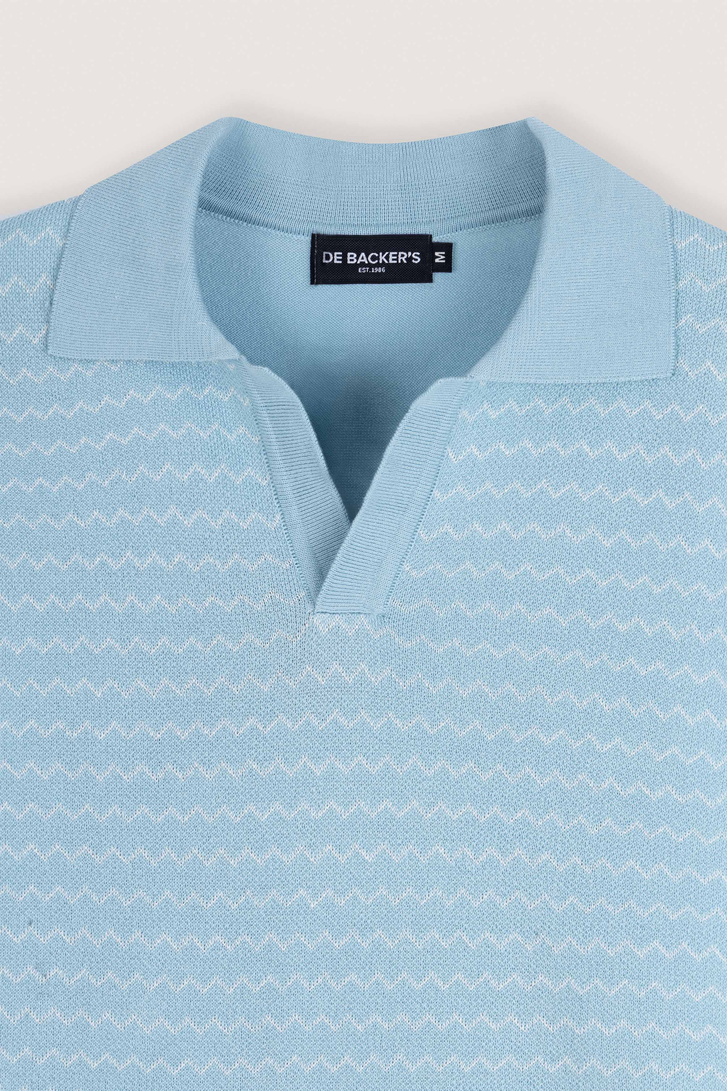 Light Blue Striped Knitted V-Neck Polo Shirt - Image 2