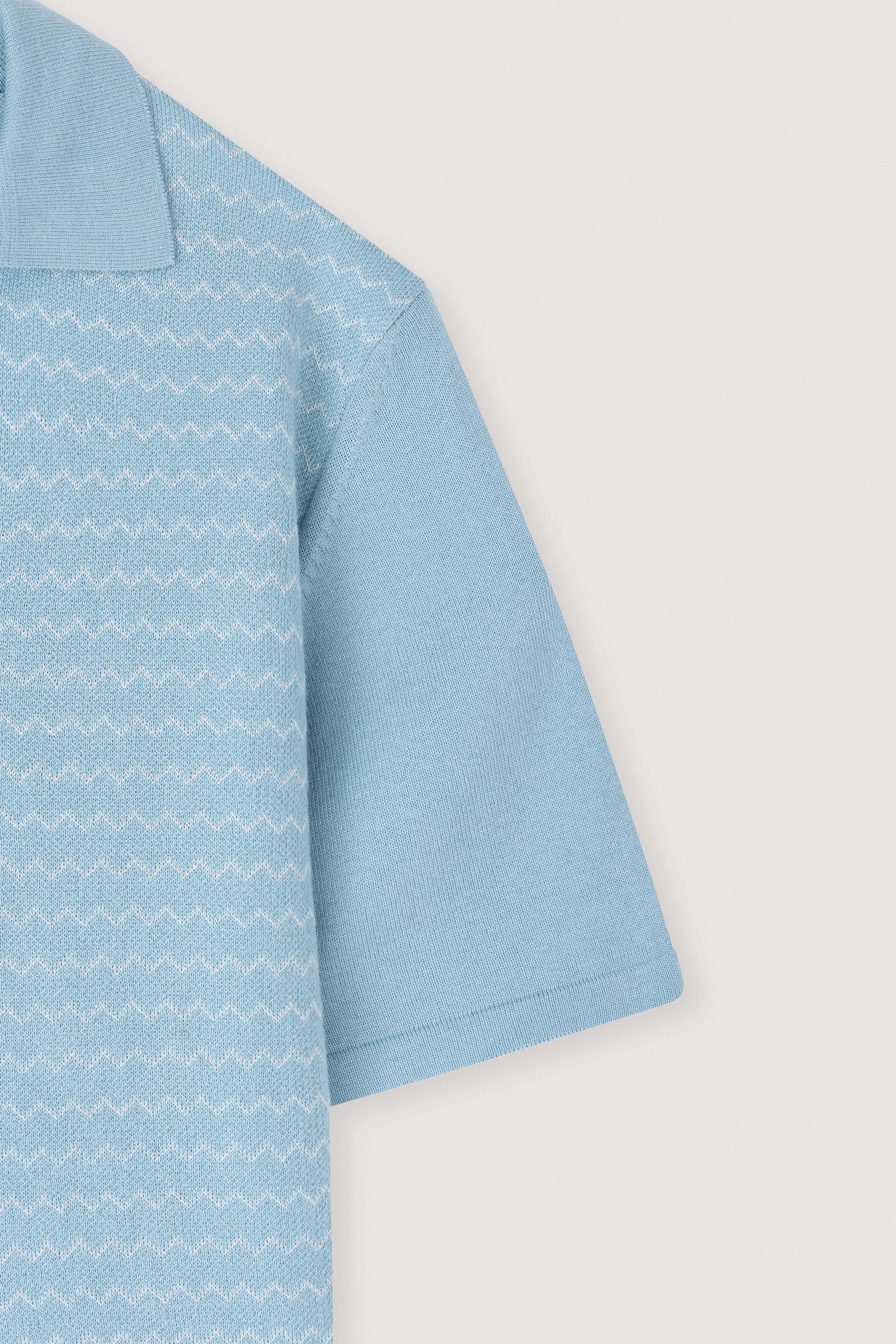 Light Blue Striped Knitted V-Neck Polo Shirt - Image 3