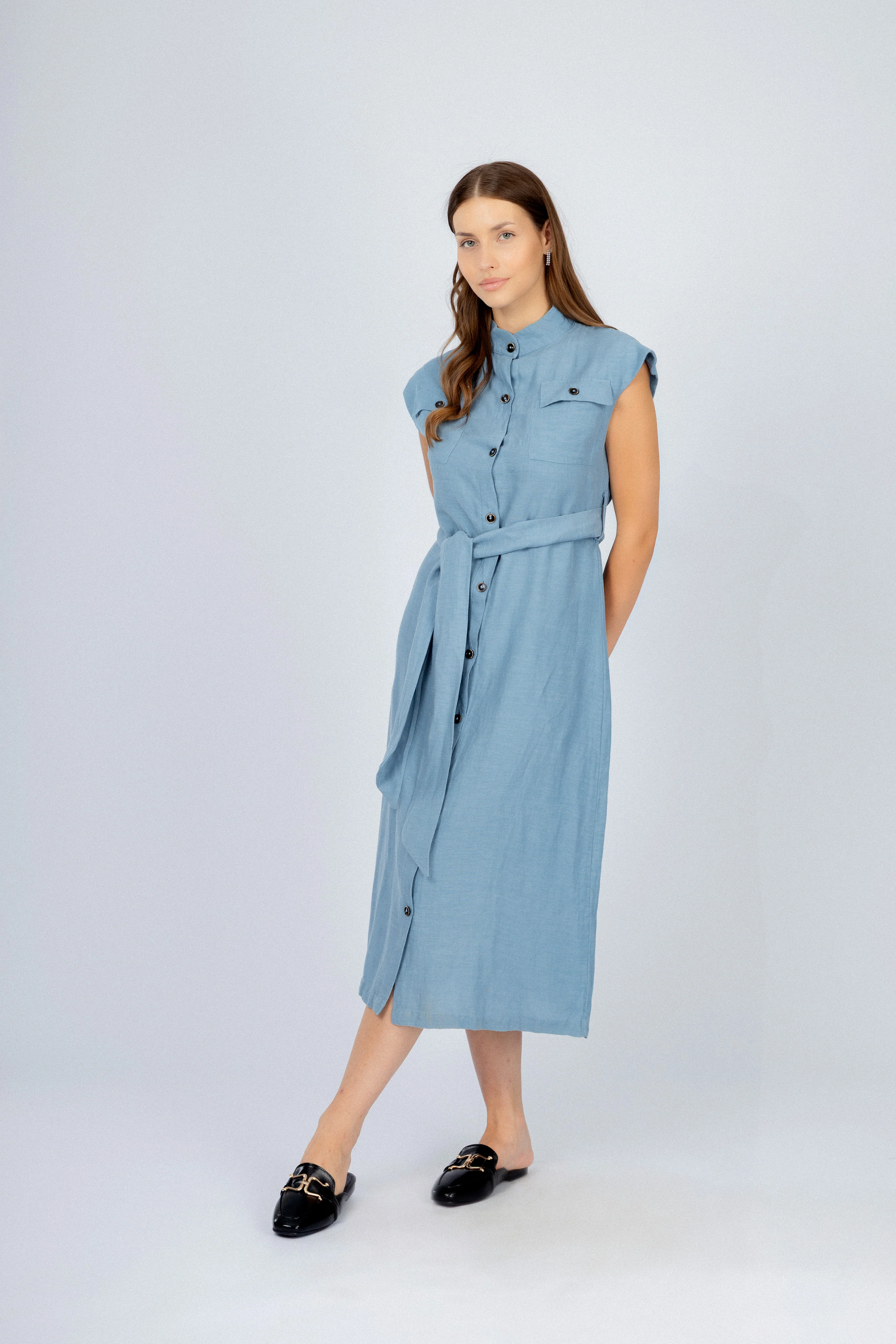 Light Blue Midi Sleeveless Linen Classic Dress - Image 2