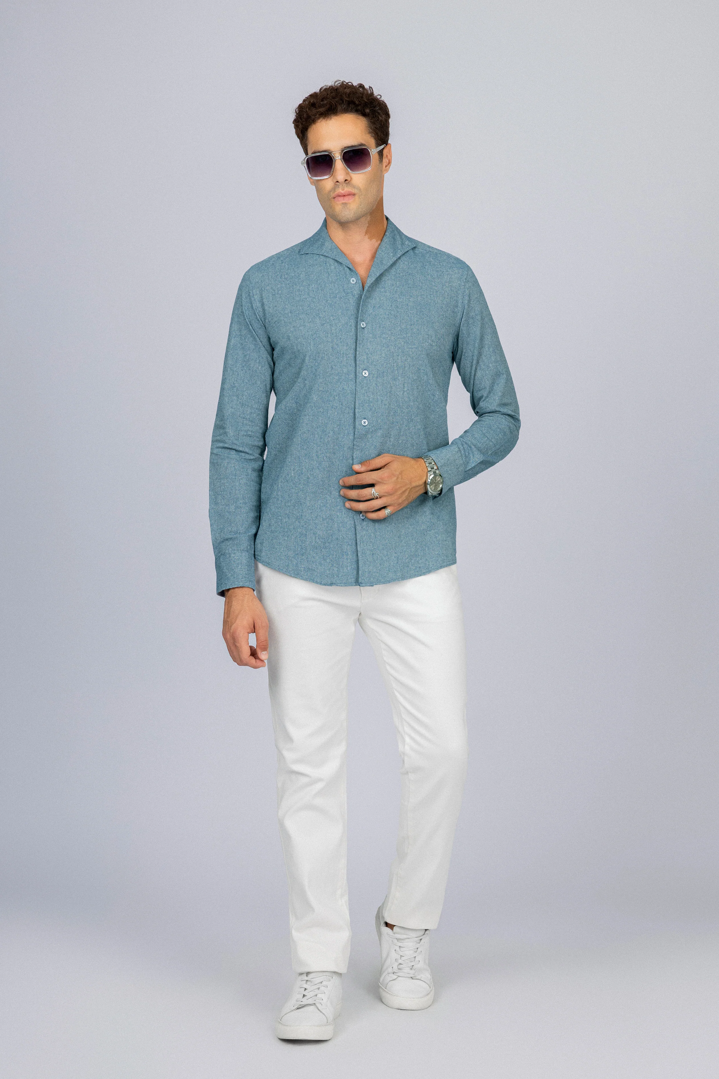 Light Teal Blue Linen Blend Casual Shirt - Image 2