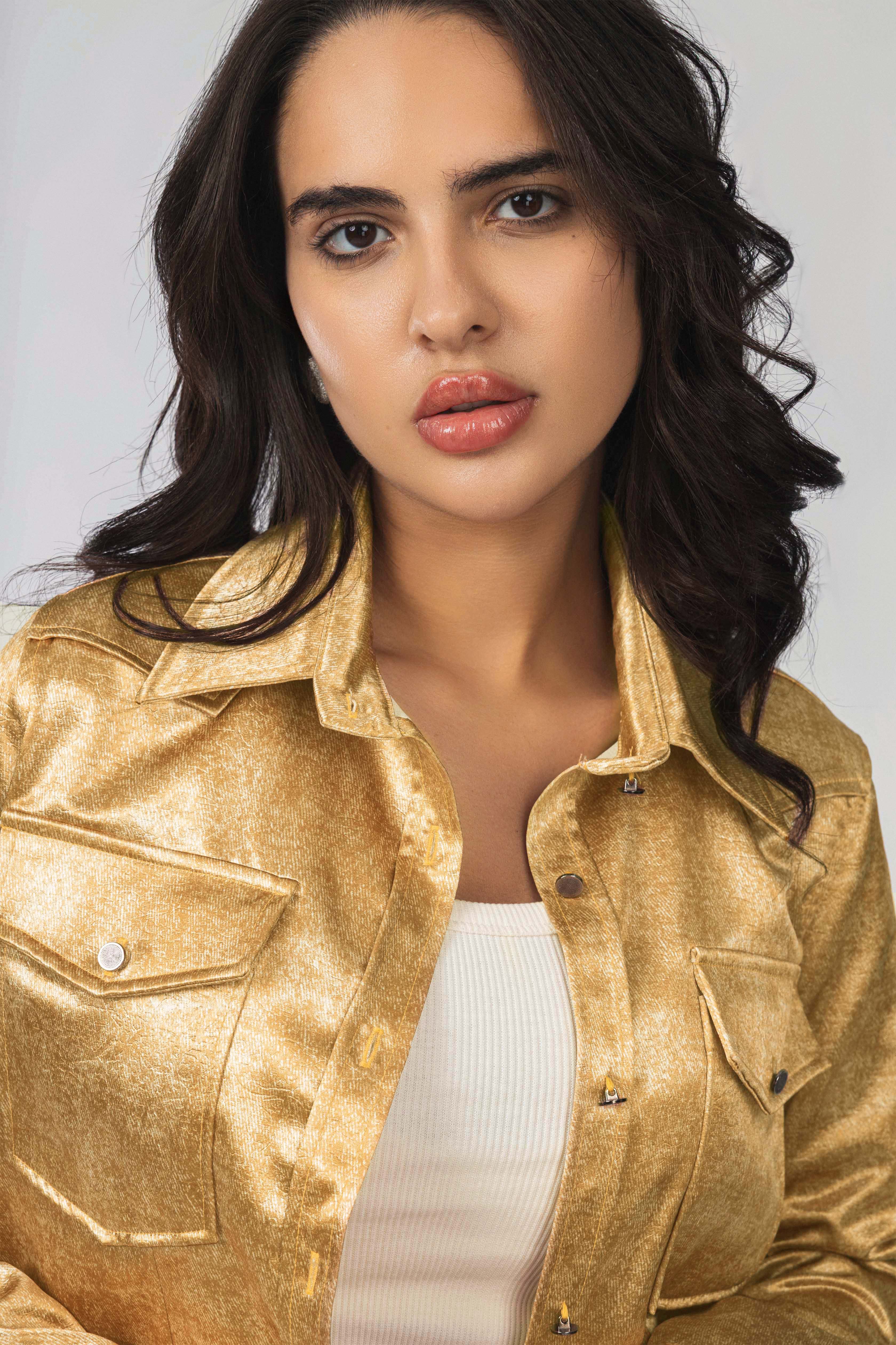 Mustard textured Sheen Chiffon Classic Shirt - Image 3