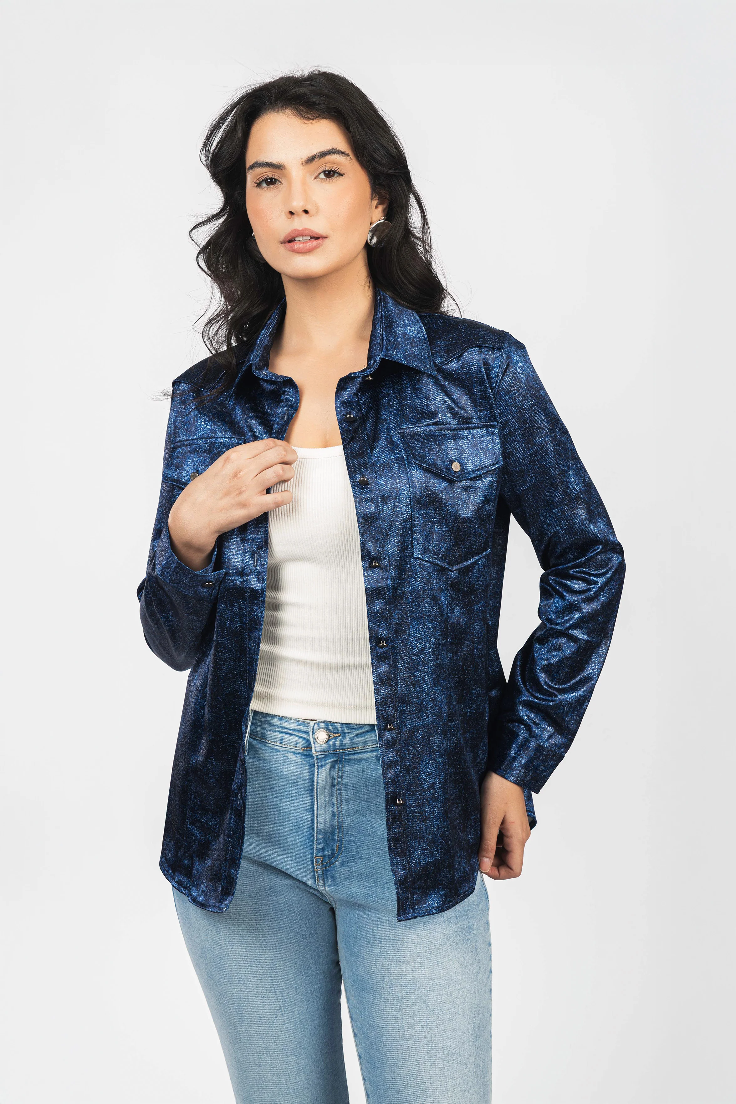 Navy textured Sheen Chiffon Classic Shirt - Image 2