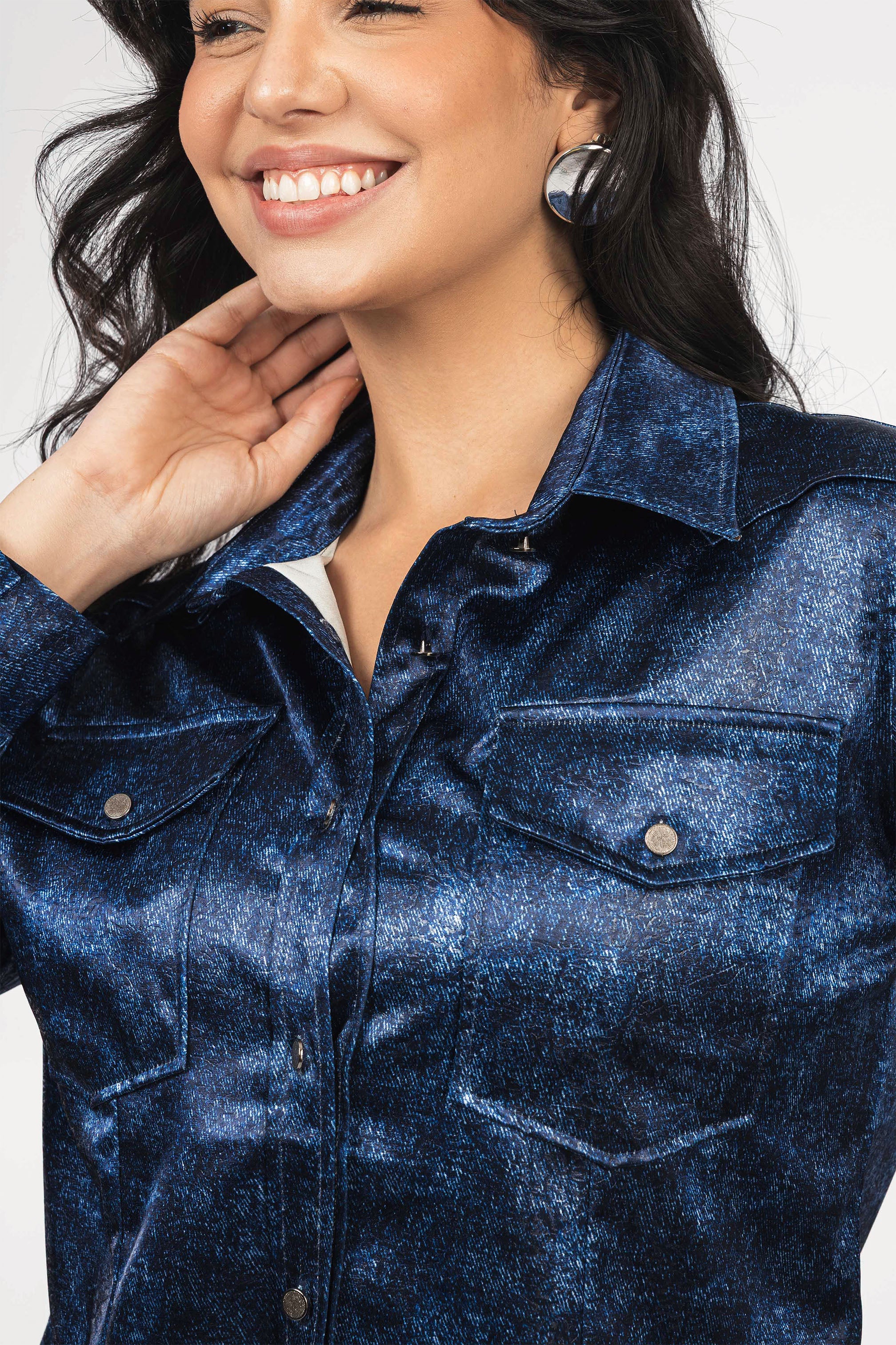 Navy textured Sheen Chiffon Classic Shirt - Image 3