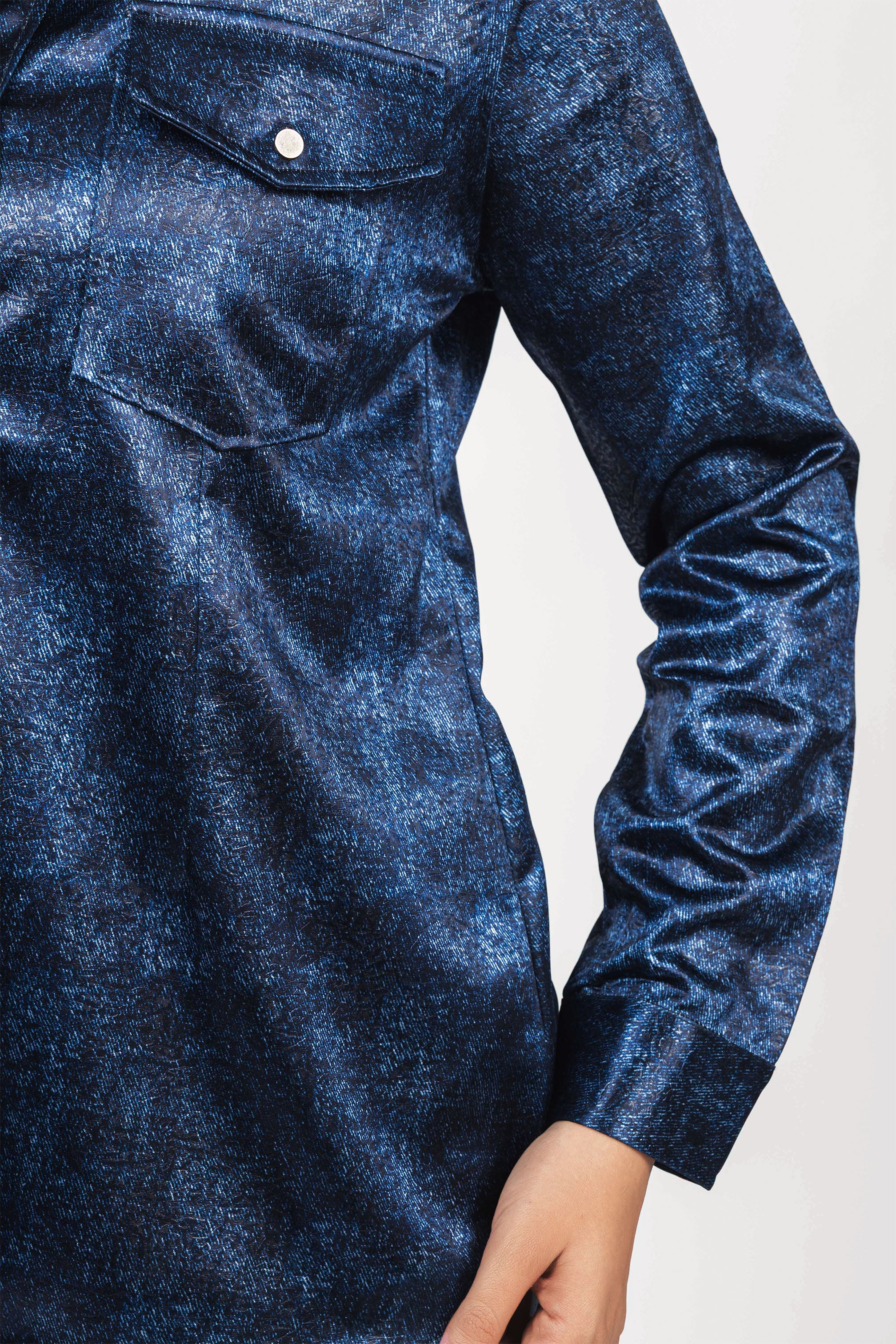 Navy textured Sheen Chiffon Classic Shirt - Image 4
