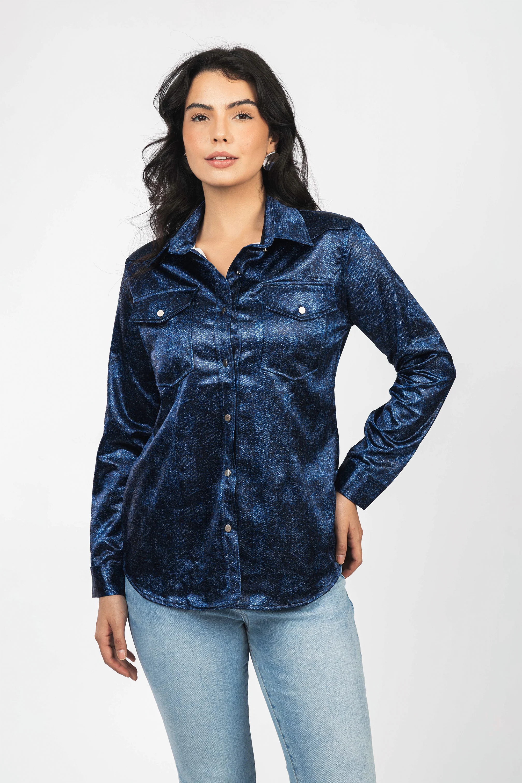 Navy textured Sheen Chiffon Classic Shirt - Image 5