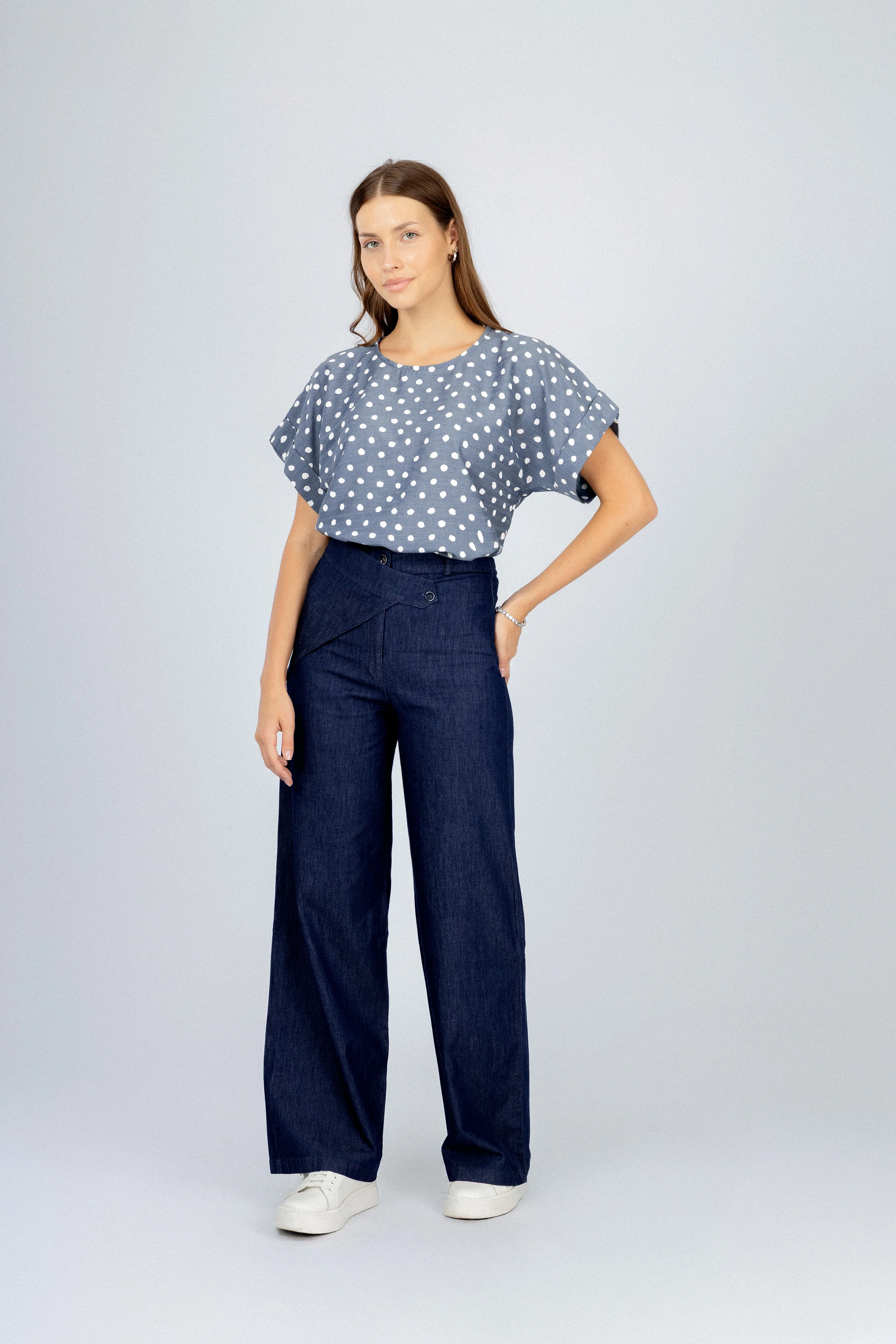 Navy Wide-Leg Overlap Waist Casual Pants