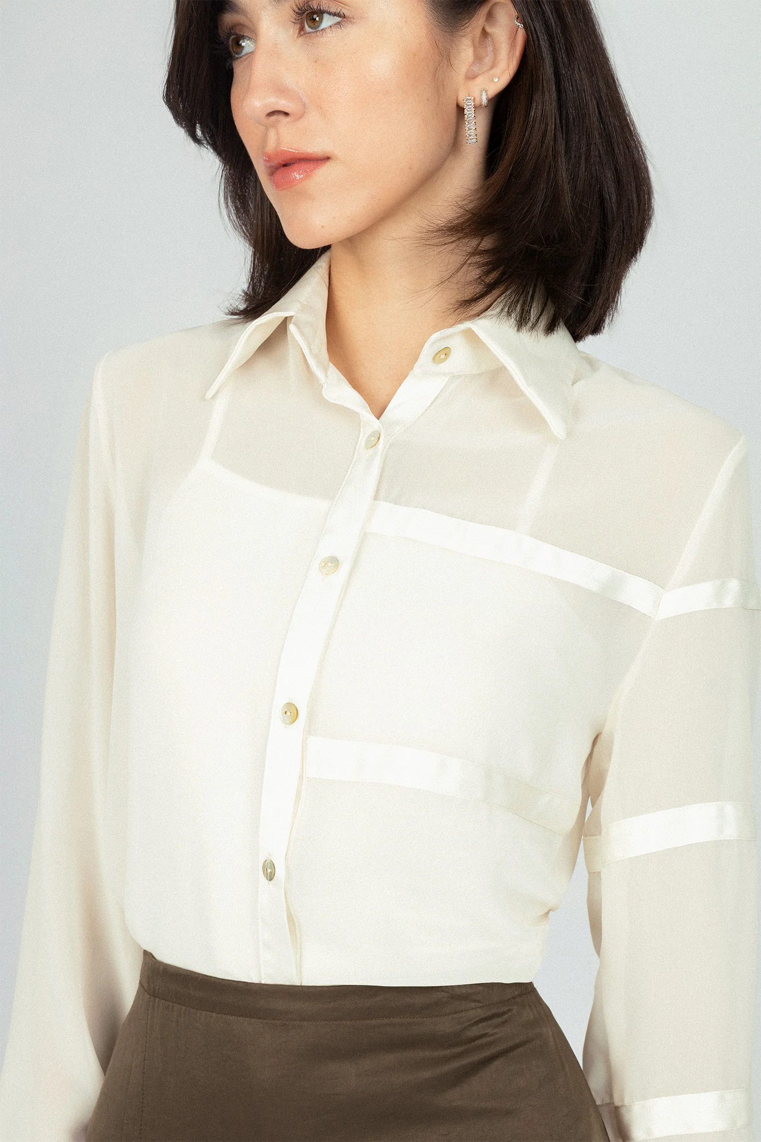 Off White Chiffon Classic Sheer Shirt - Image 3
