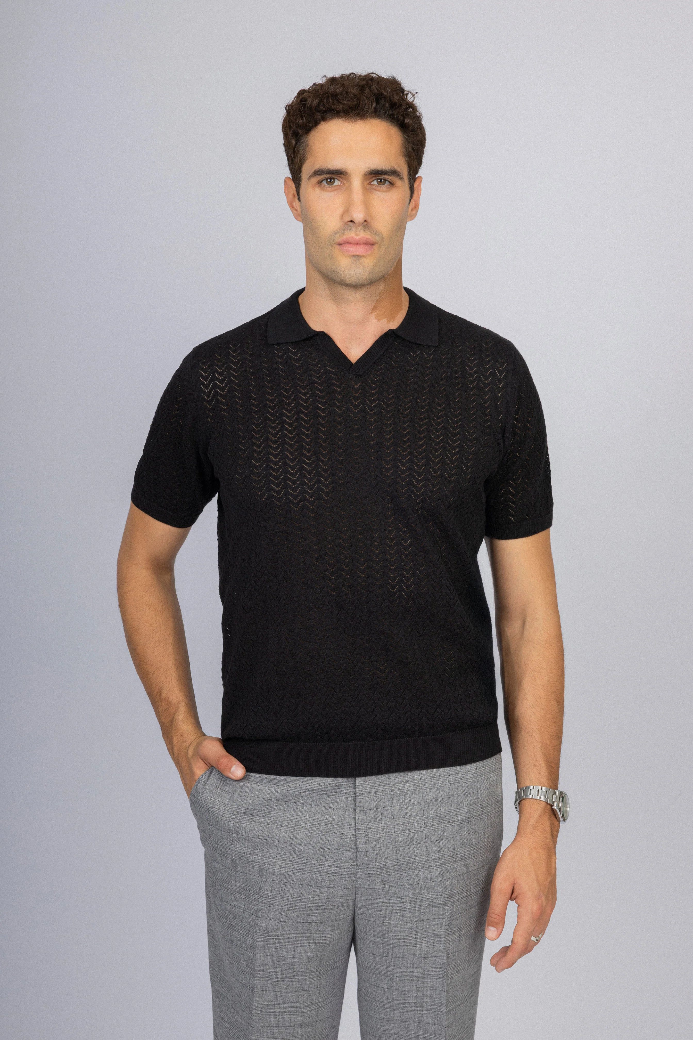Open-Stitch Knitted Black V-Neck Polo