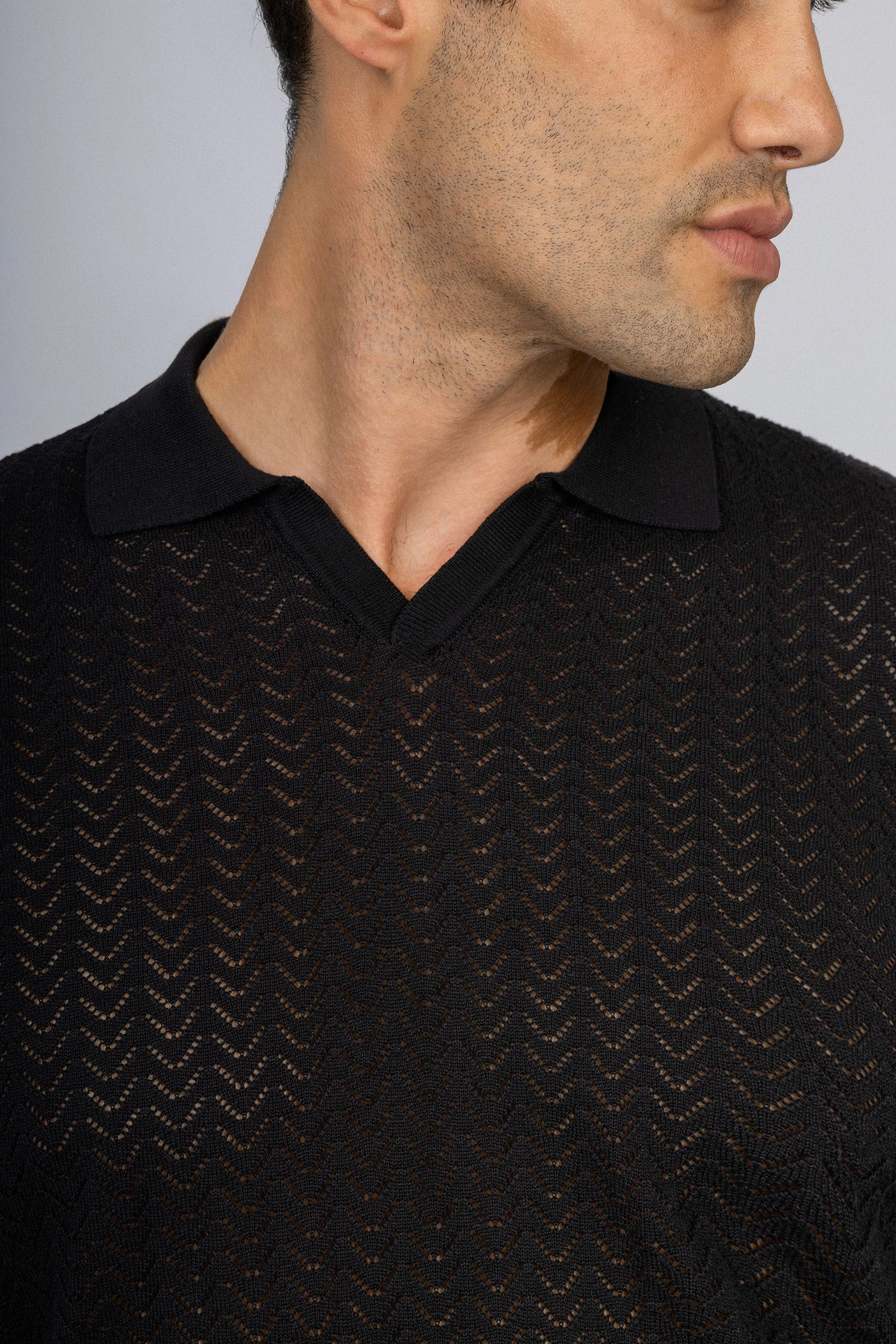 Open-Stitch Knitted Black V-Neck Polo - Image 3