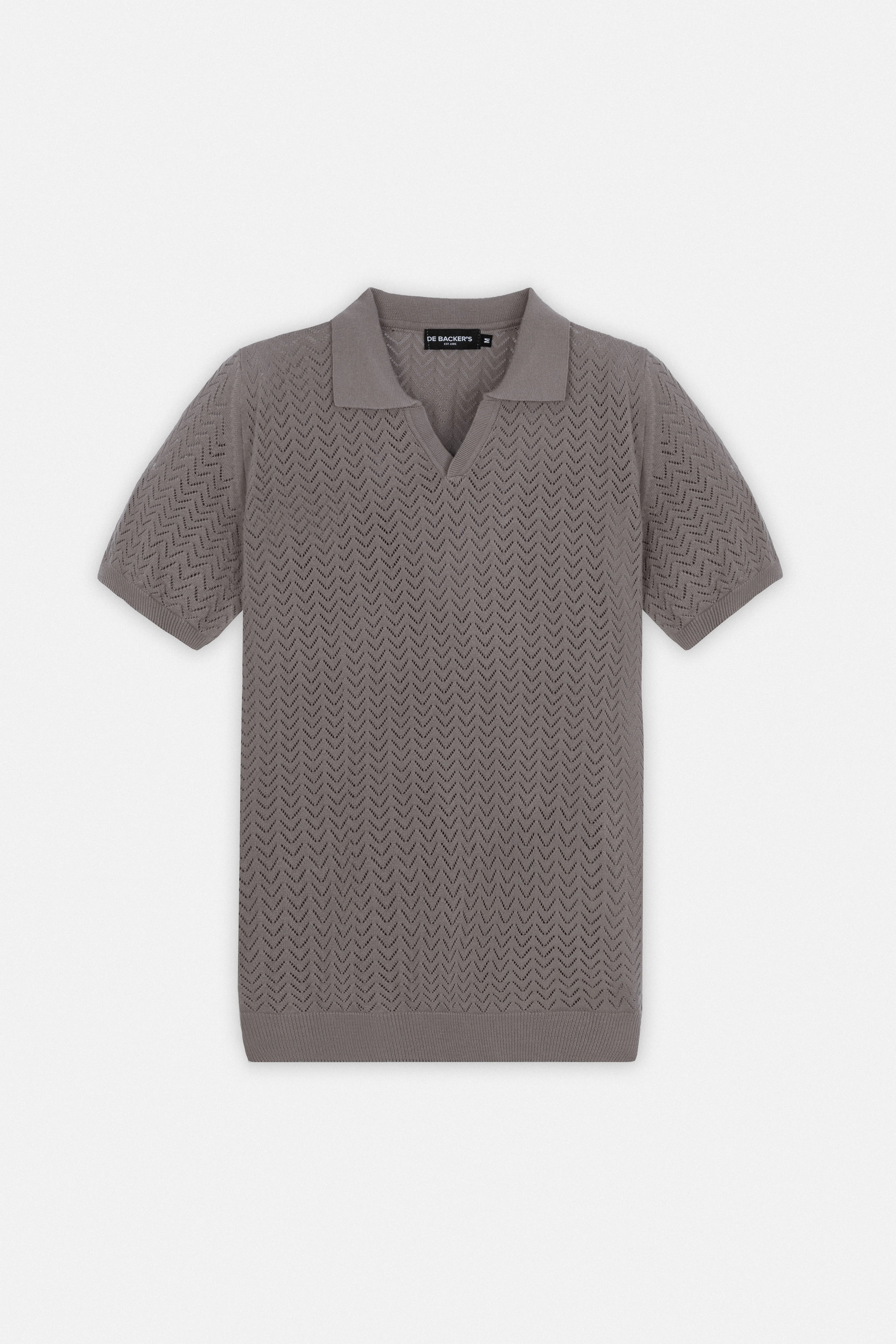 Open-Stitch Knitted Light Brown V-Neck Polo