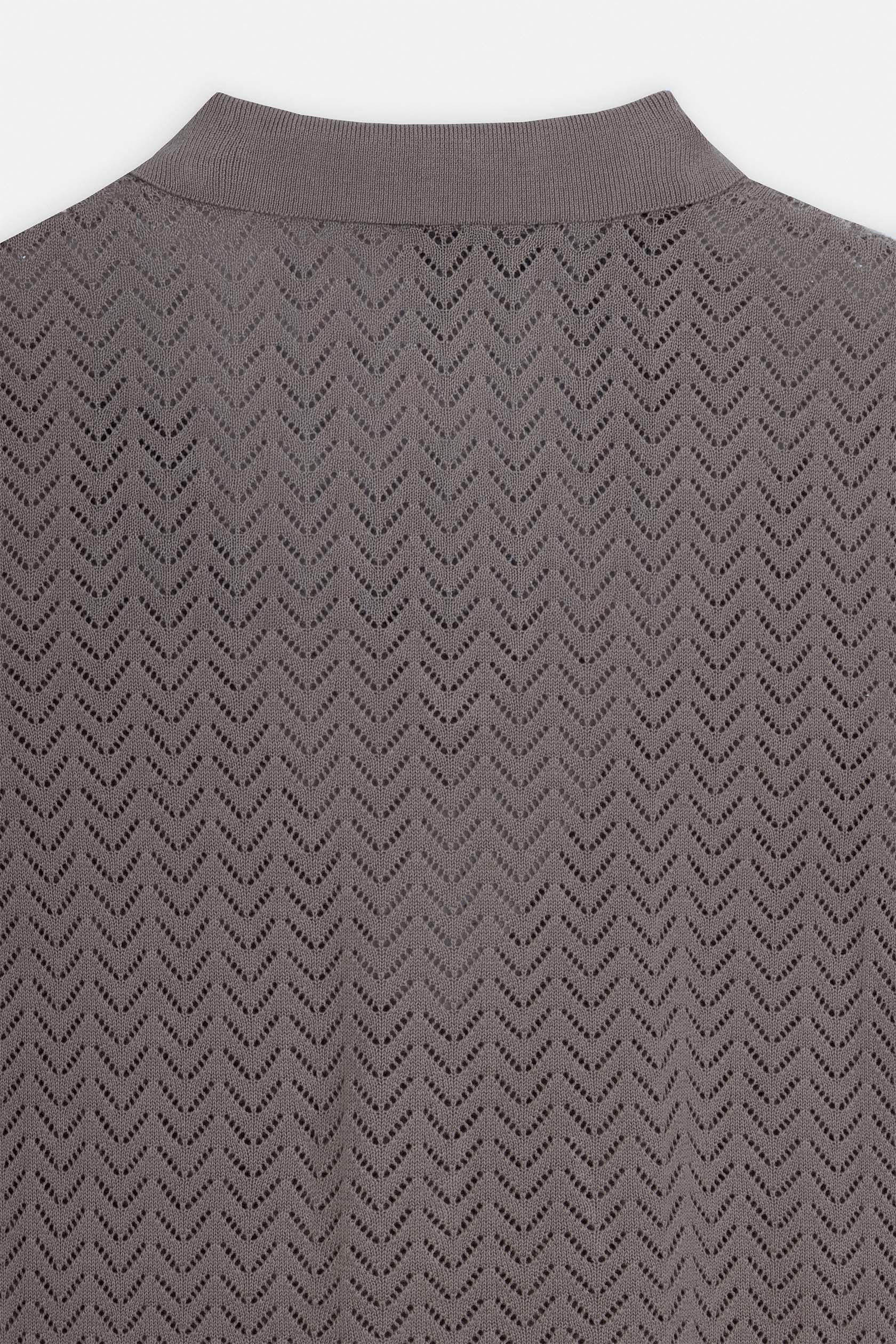 Open-Stitch Knitted Light Brown V-Neck Polo - Image 5