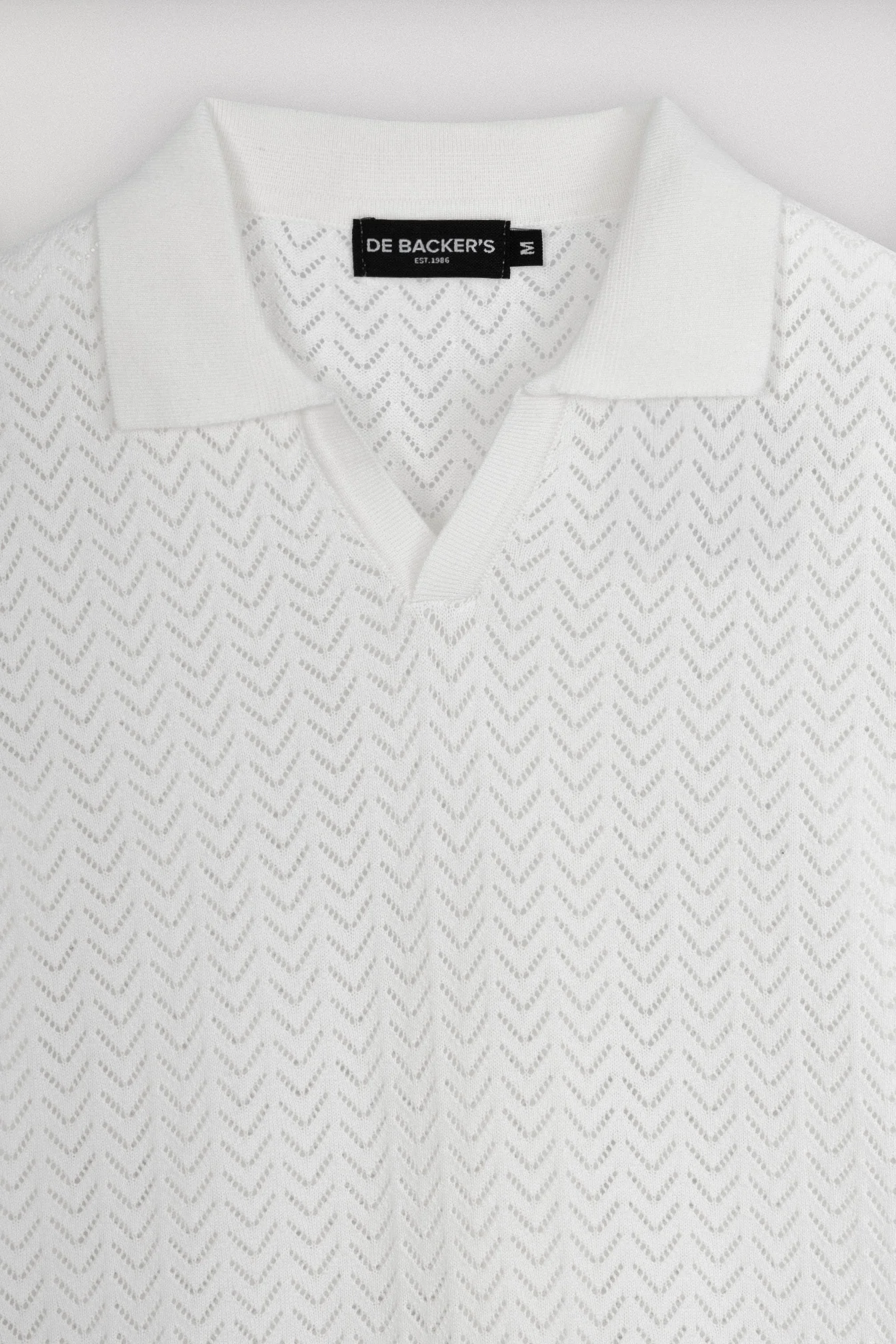 Open-Stitch Knitted Off White V-Neck Polo - Image 6
