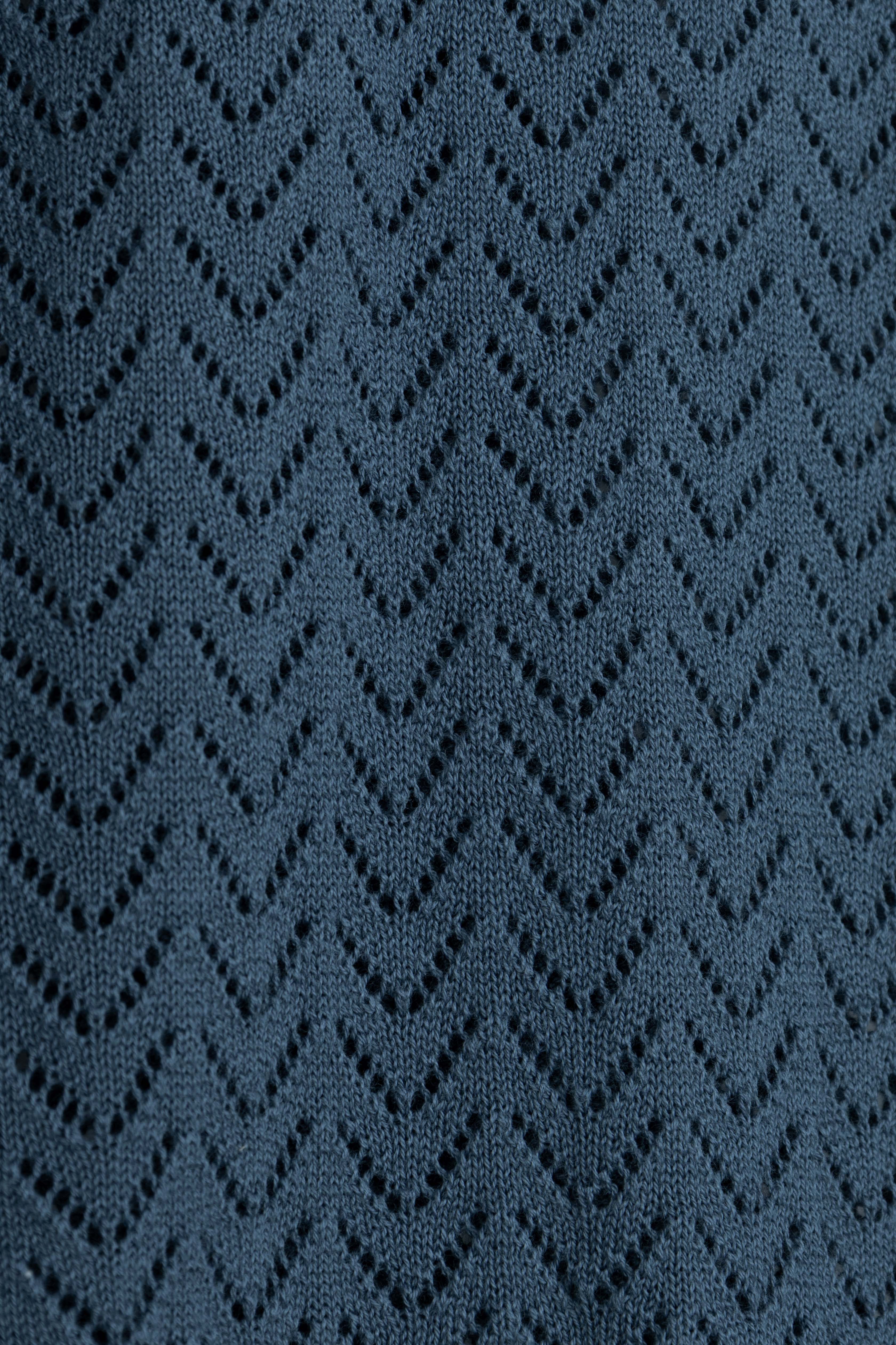 Open-Stitch Knitted Teal-Blue V-Neck Polo - Image 5