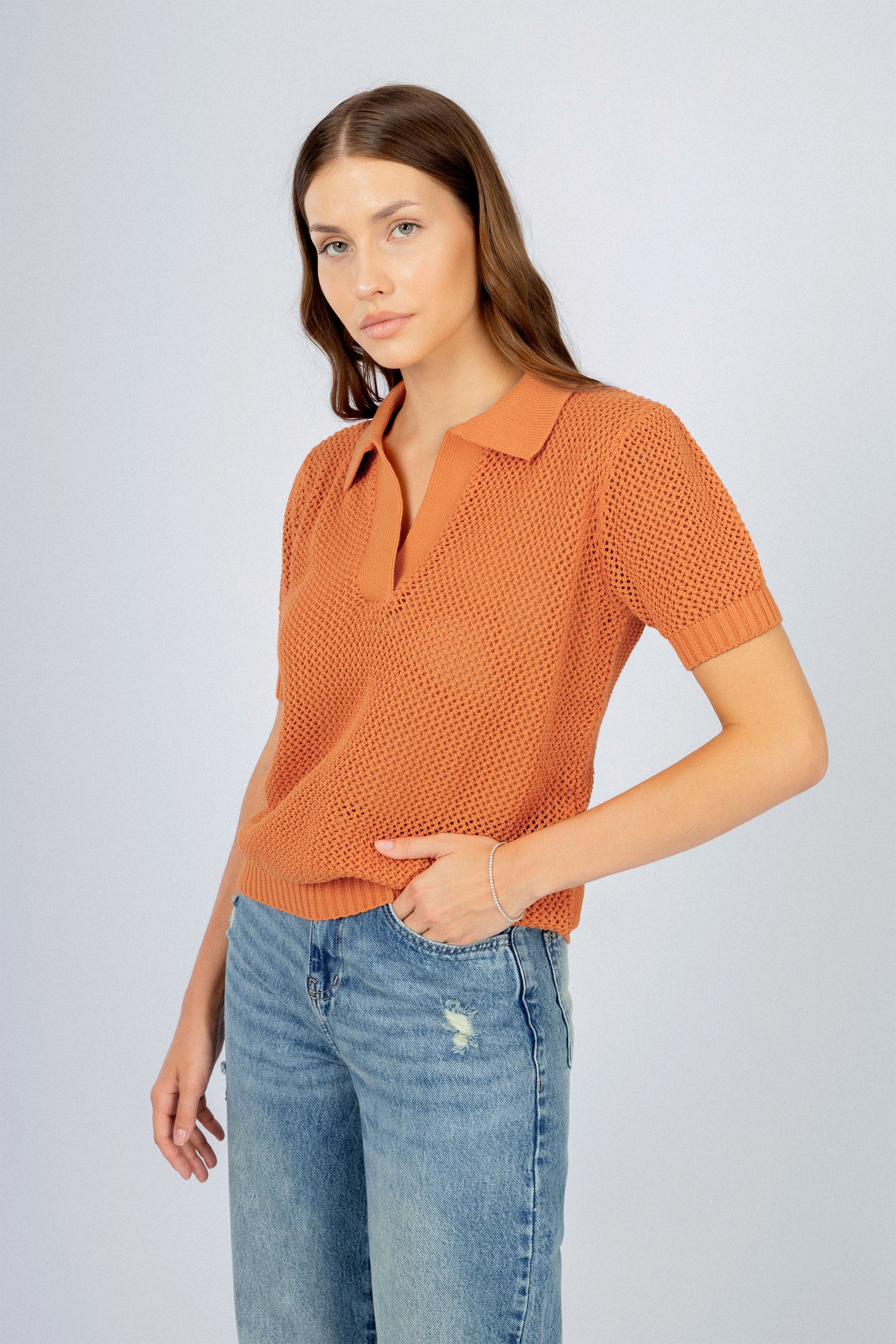 Orange Crochet-Style Knitted Womens T-Shirt
