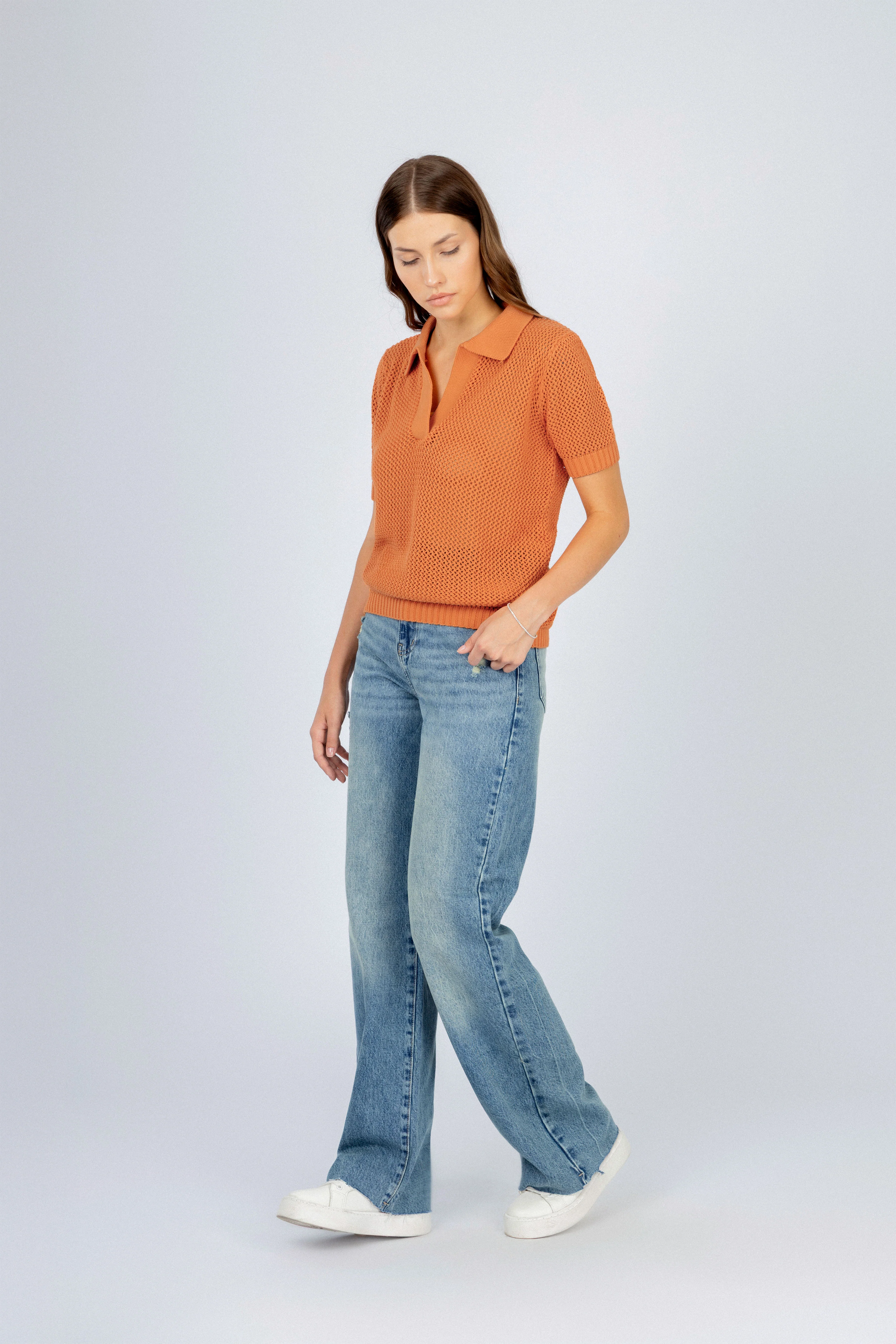 Orange Crochet-Style Knitted Womens T-Shirt - Image 2