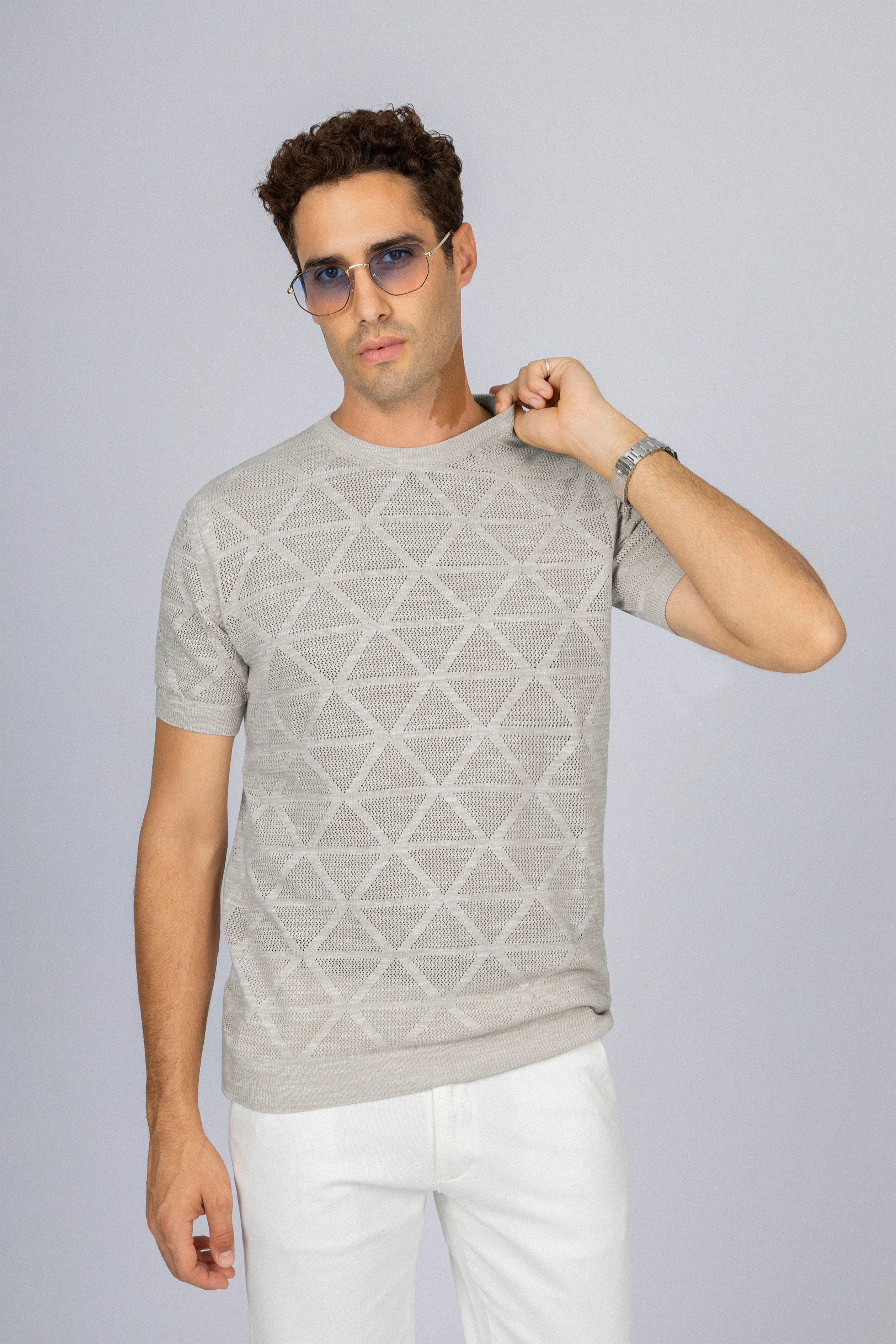 Patterned Light Beige Knitted Round T-Shirt