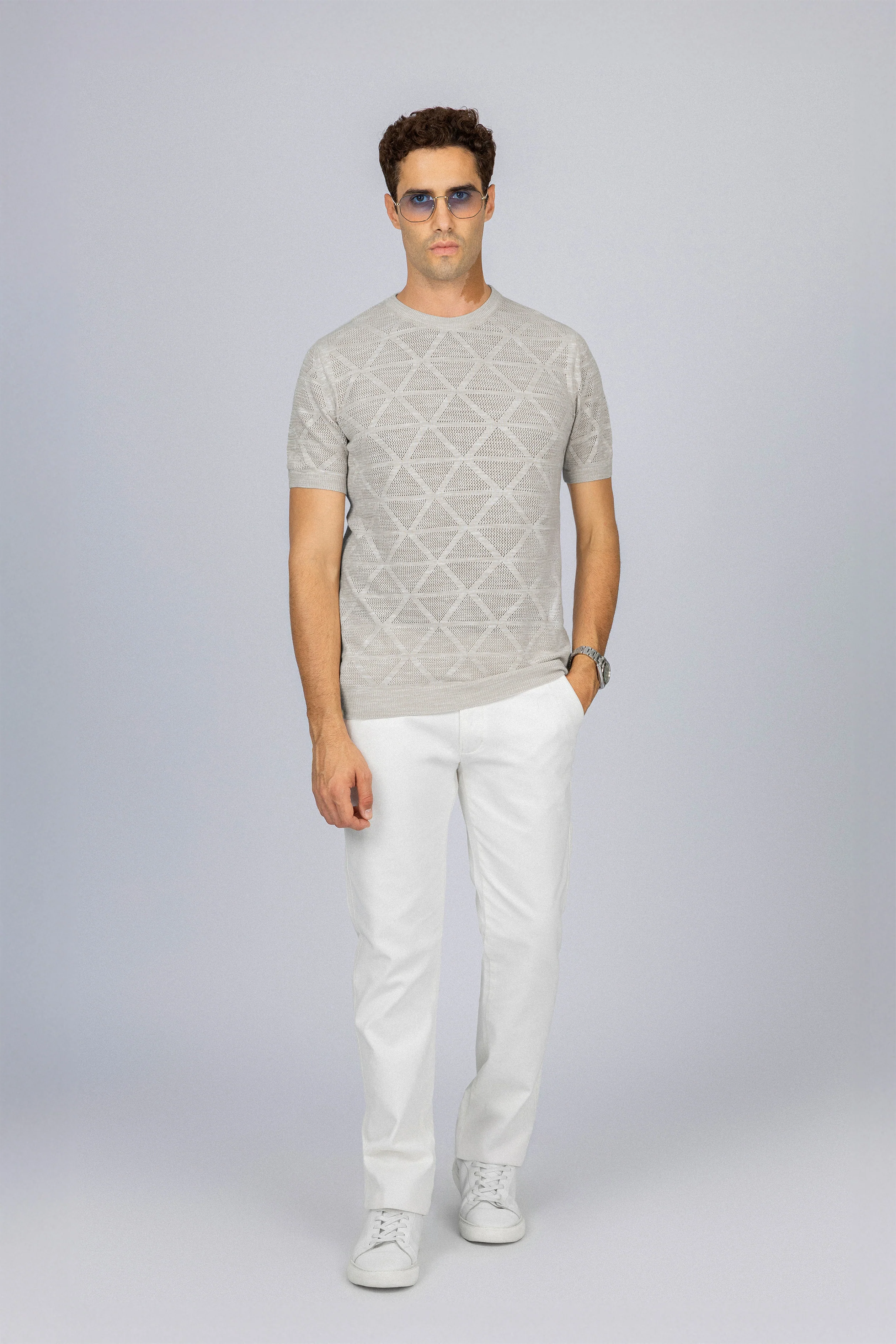 Patterned Light Beige Knitted Round T-Shirt - Image 2
